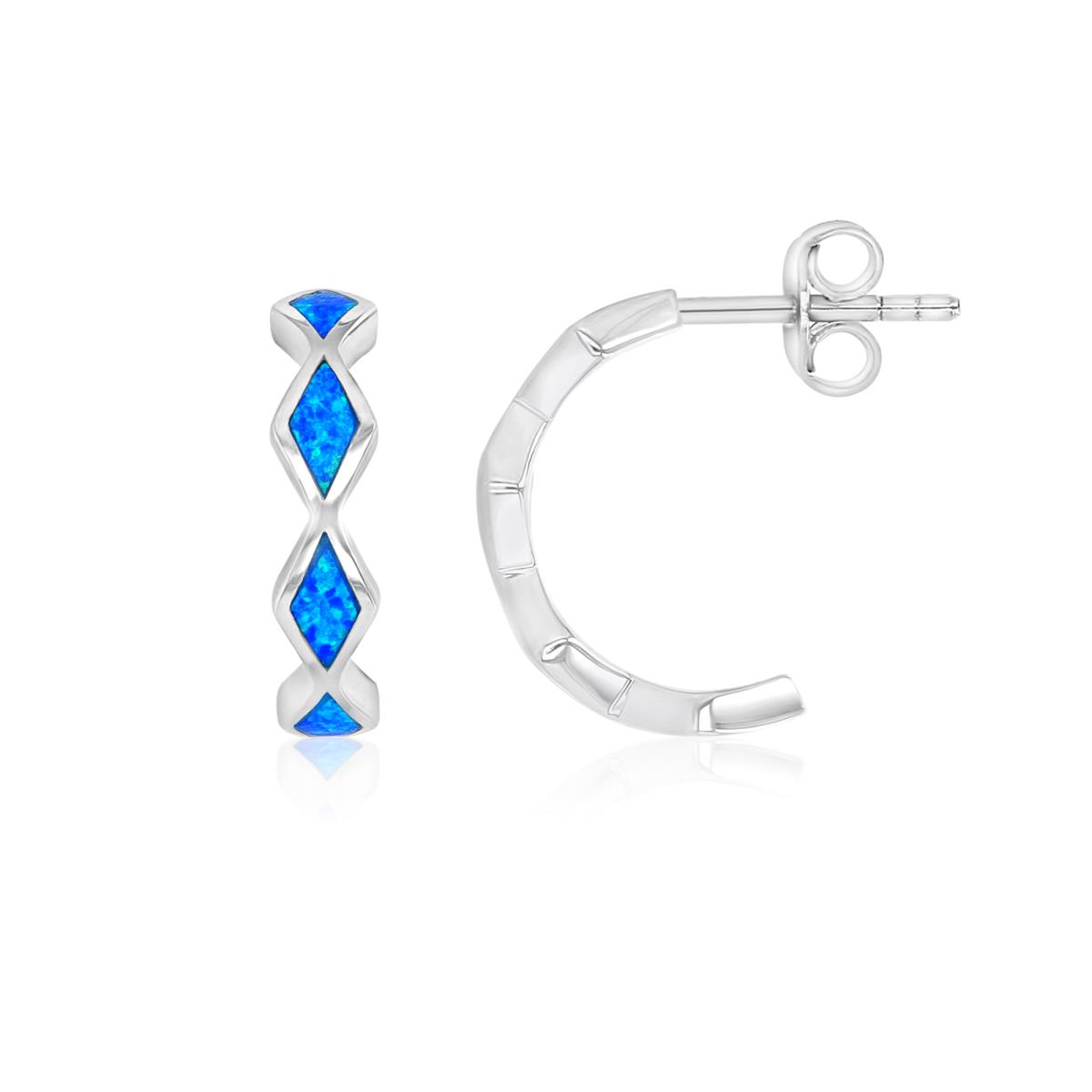 Sterling Silver Rhodium 4X16.5mm Created Blue Opal Rhombus Stud Earrings