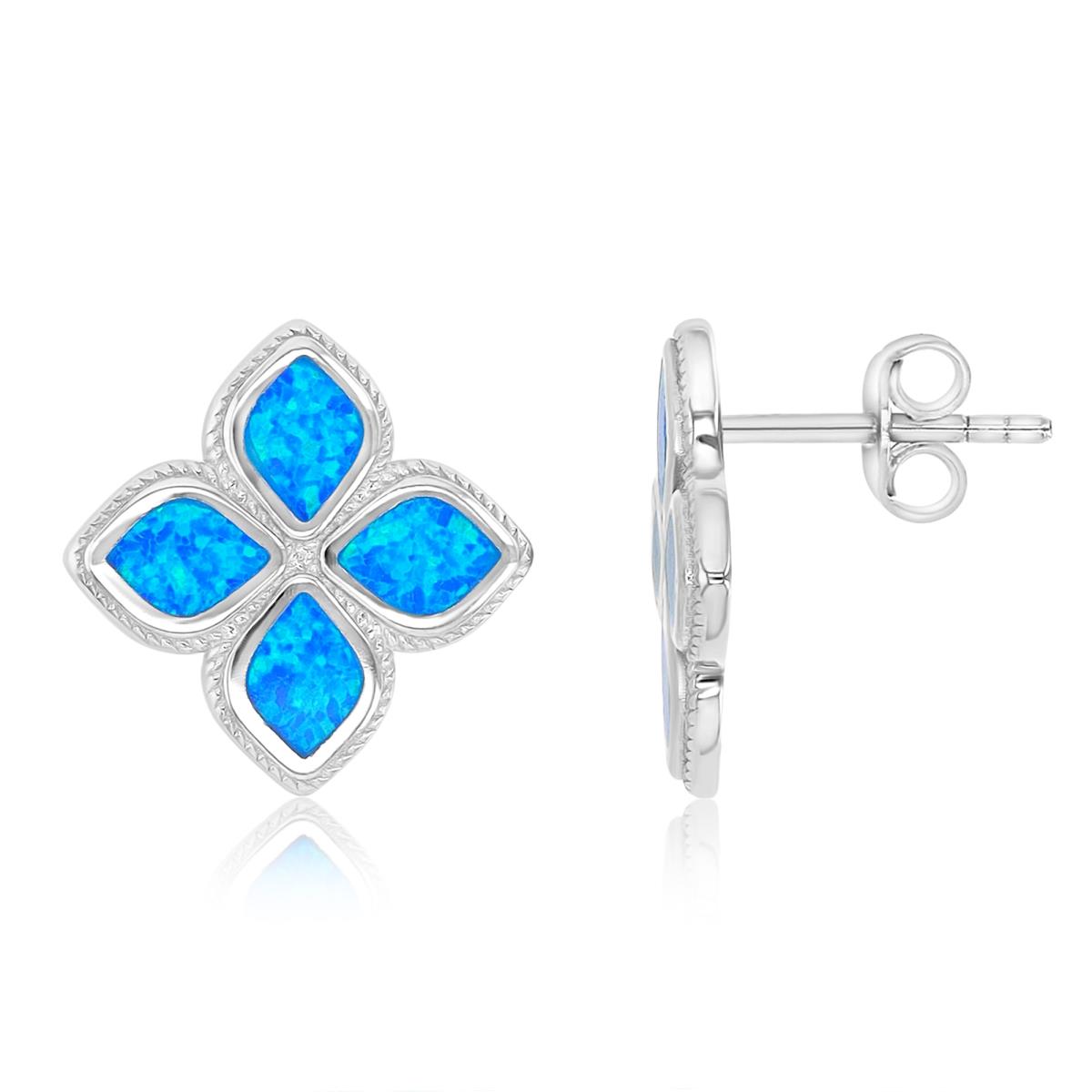 Sterling Silver Rhodium 16mm Created Blue Opal Quatrefoil Stud Earrings