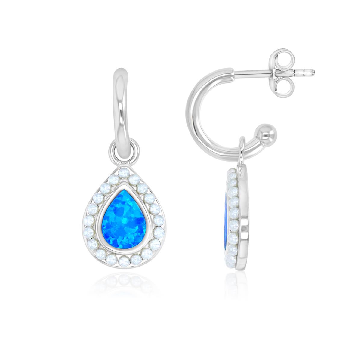 Sterling Silver Rhodium 11.4X27mm Pear Cut Created Blue Opal & White Pearl Dangling Earrings