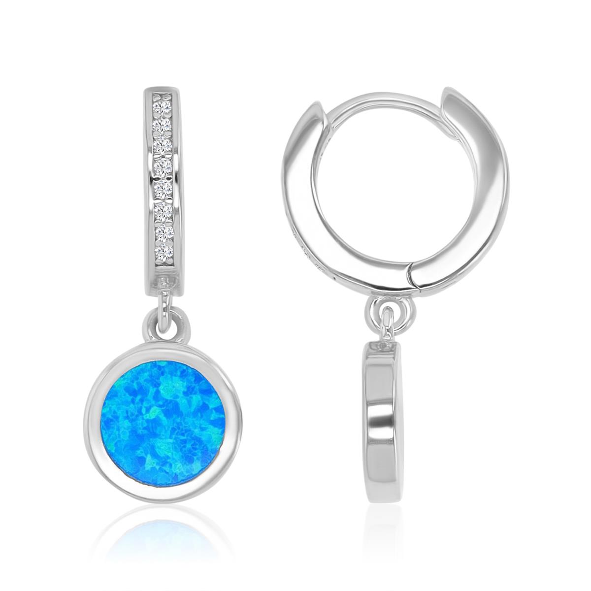 Sterling Silver Rhodium 9X22.5mm Created Blue Opal & White CZ Dangling Earring