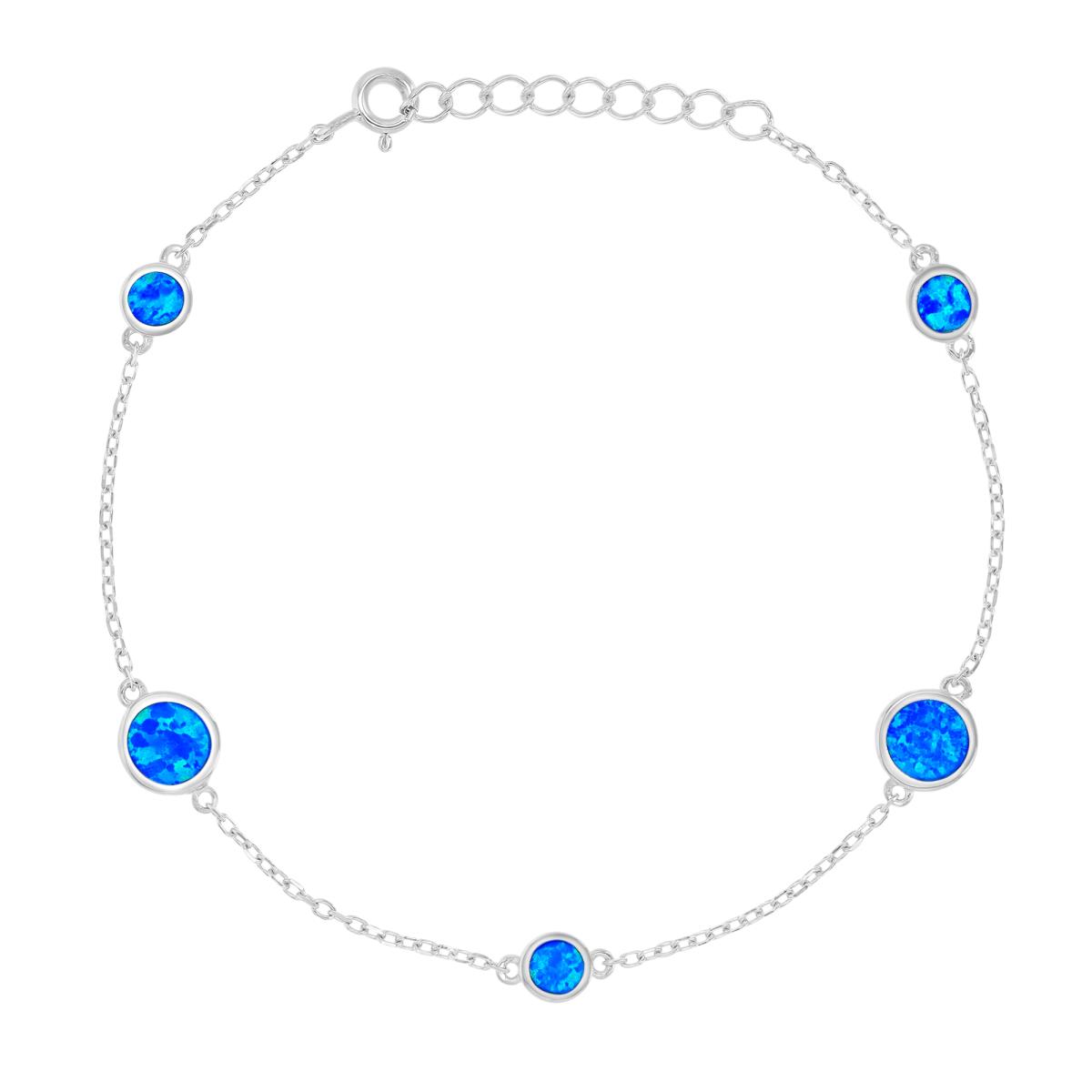 Sterling Silver Rhodium 7.5mm Created Blue Opal Stations 7+1" Bracelet