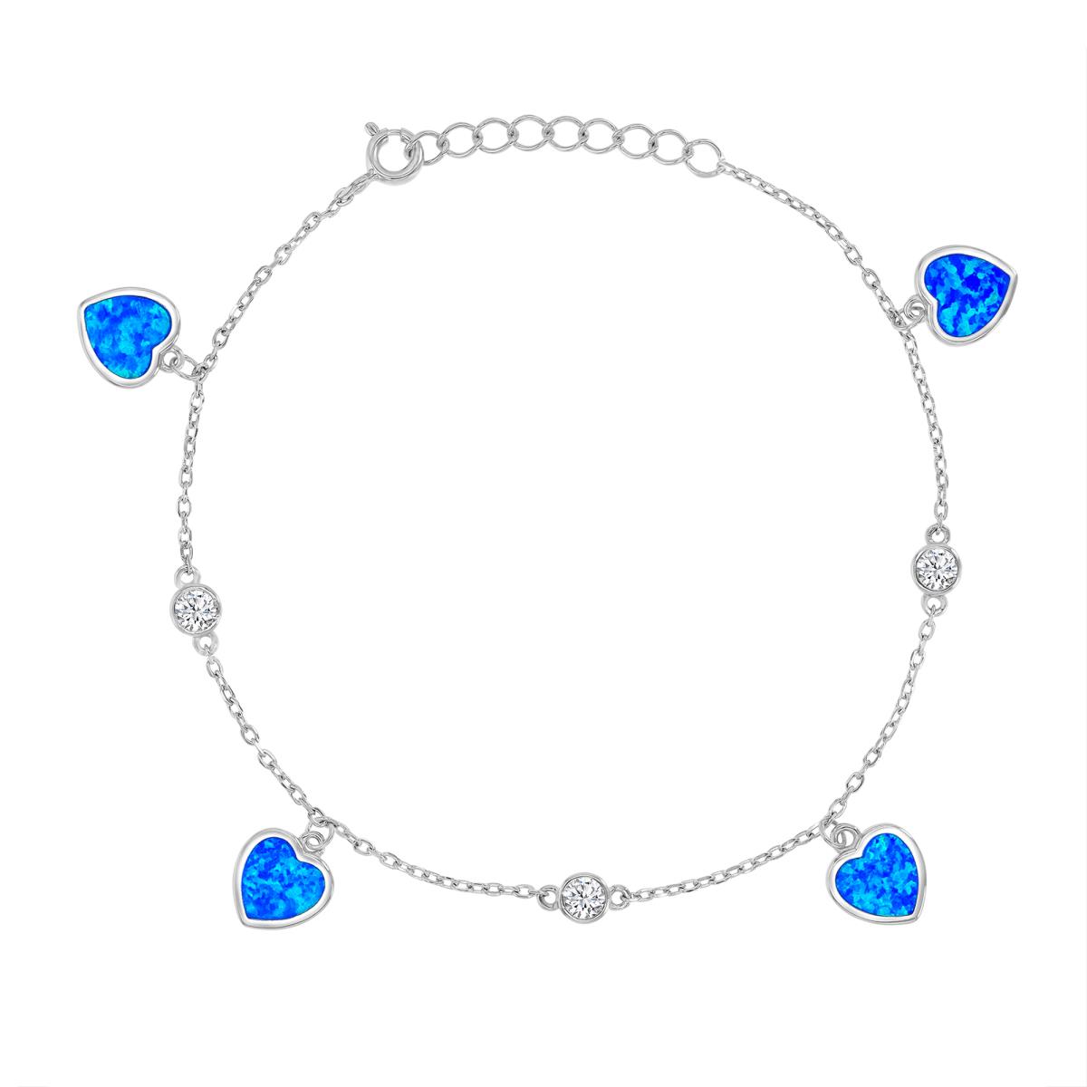 Sterling Silver Rhodium 8.5X10.5mm Created Blue Opal & White CZ Heart Stations 7+1" Bracelet
