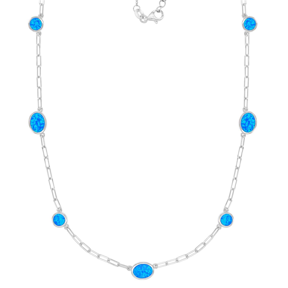 Sterling Silver Rhodium 7.5X9.5mm & 6.5mm Created Blue Opal Oval & Round Stations Paperclip Link 16+2" Necklace