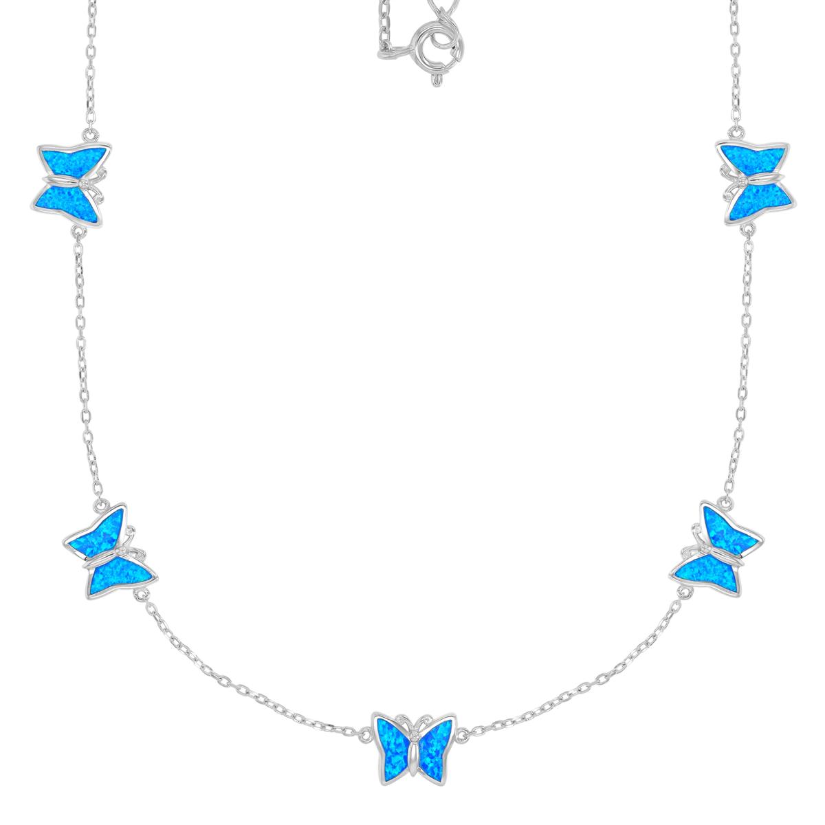 Sterling Silver Rhodium 9.5X11mm Created Blue Opal Butterfly Stations 16+2" Necklace