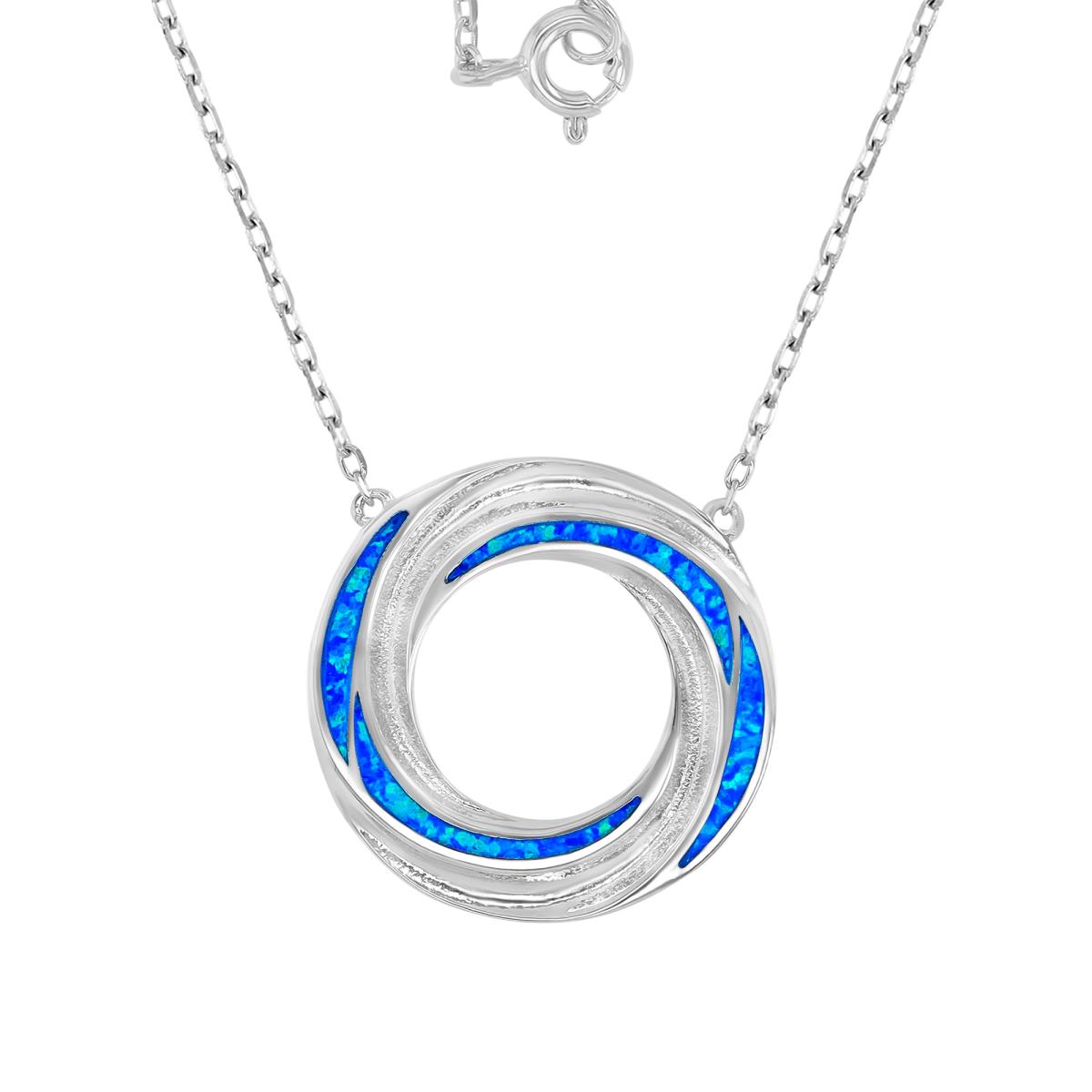 Sterling Silver Rhodium 22.5mm Created Blue Opal Circle 16+2" Necklace