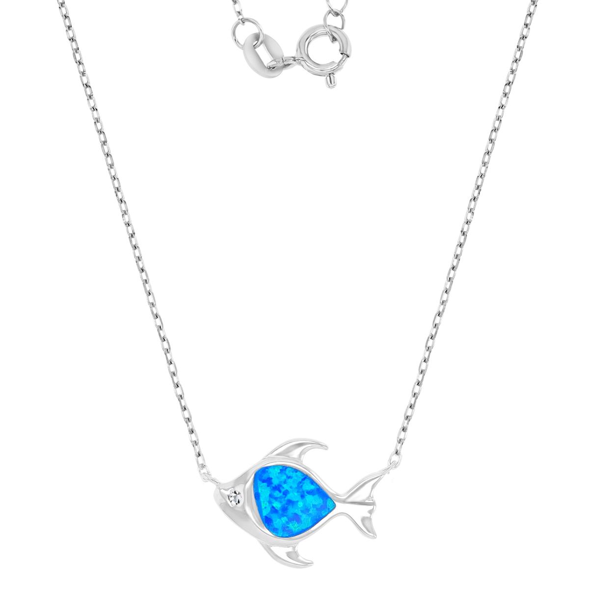 Sterling Silver Rhodium 13x16mm Created Blue Opal Fish 16+2" Necklace