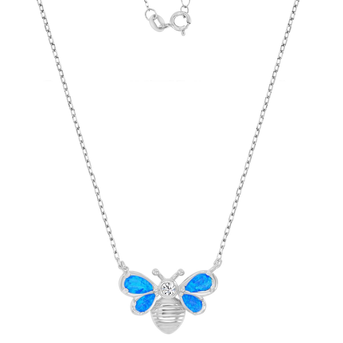 Sterling Silver Rhodium 12x16.5mm Created Blue Opal Bee 16+2" Necklace