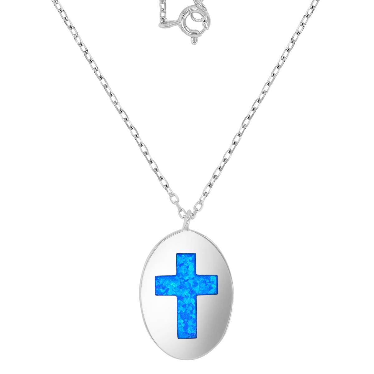 Sterling Silver Rhodium 14.7x23.5mm Created Blue Opal Oval Cross 16+2" Necklace