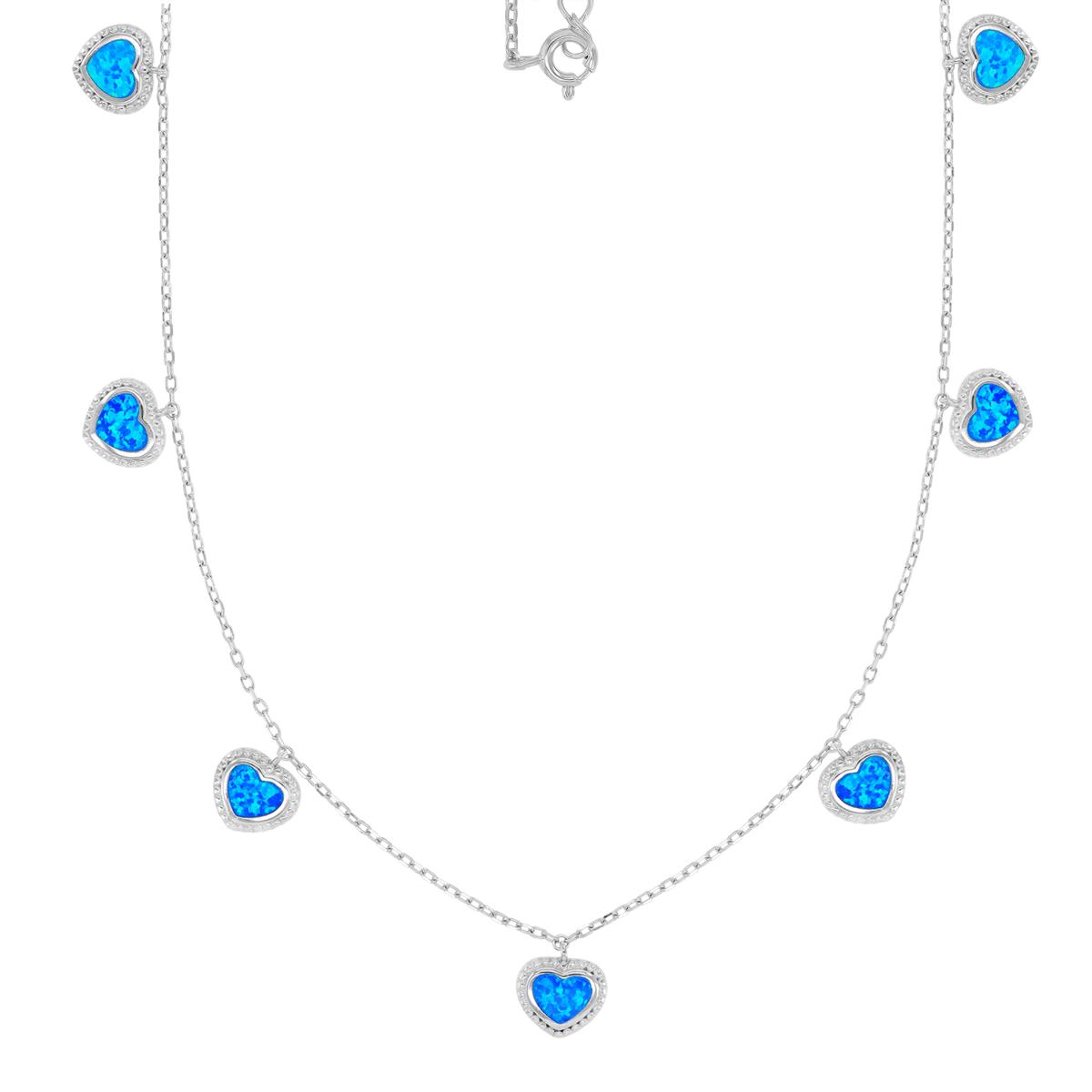 Sterling Silver Rhodium 9X9.7mm Created Blue Opal Bezel Textured Dangling Heart Stations 16+2" Necklace