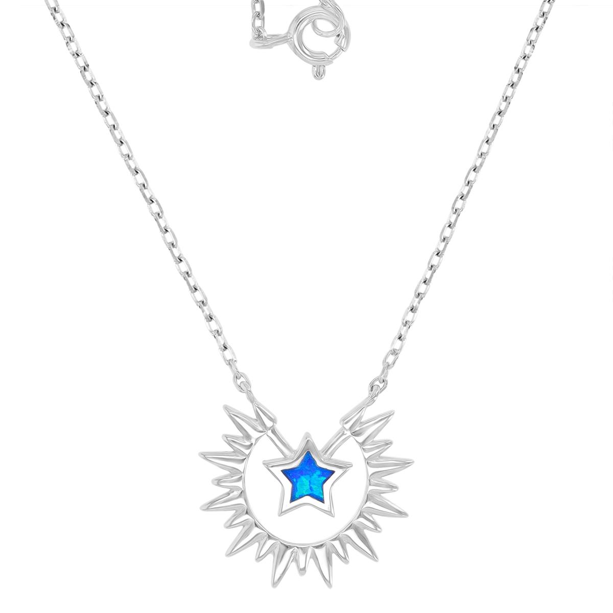 Sterling Silver Rhodium 17.7X18.5mm Created Blue Opal Starburst 16+2" Necklace