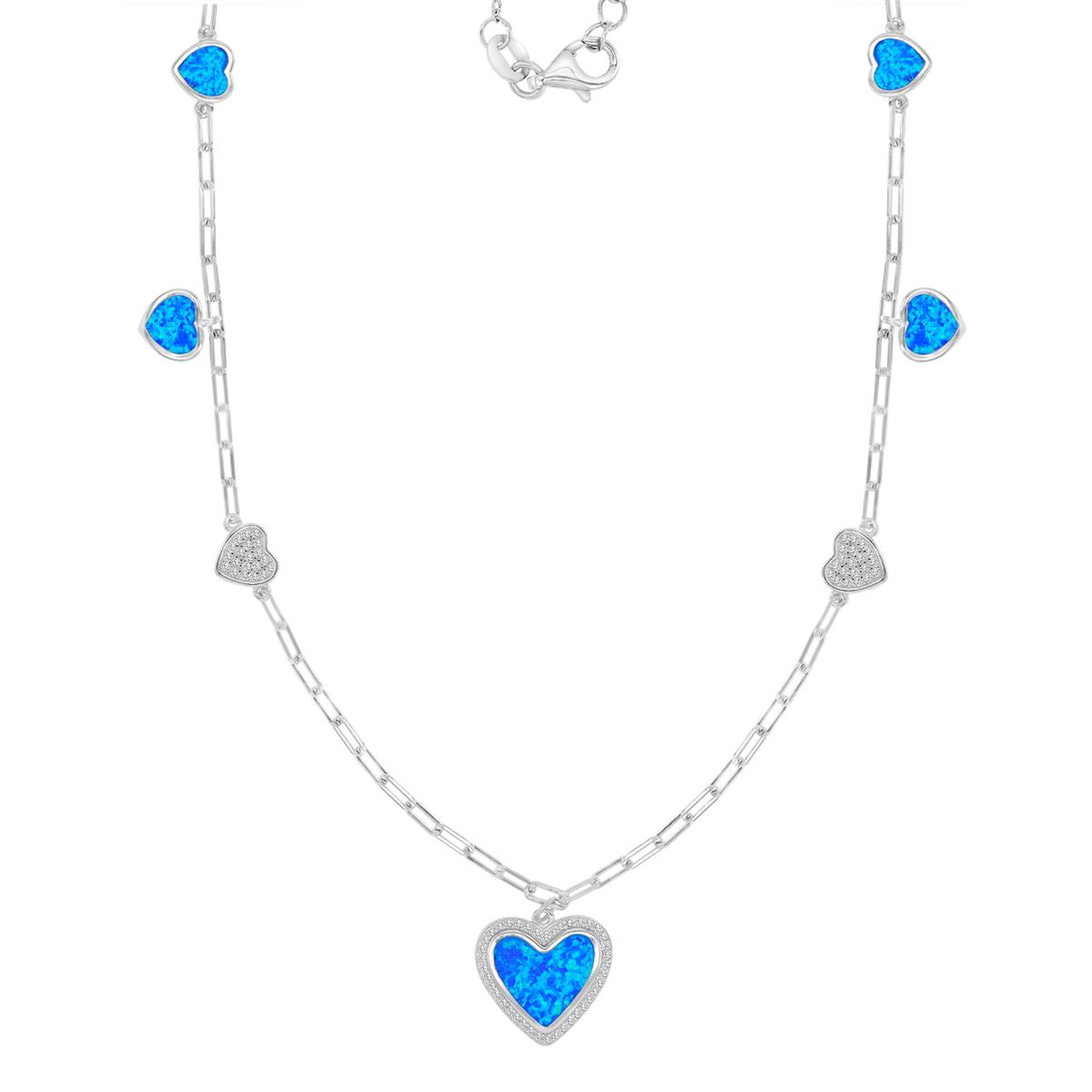 Sterling Silver Rhodium 7.5mm 9.5mm 16mm Created Blue Opal & White CZ Bezel Heart Stations Dangling 16+2" Necklace