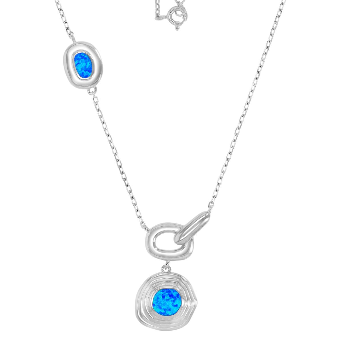 Sterling Silver Rhodium 15X28.5mm Created Blue Opal Bezel Dangling 16+2" Necklace