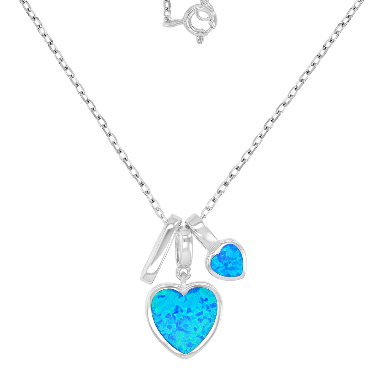 Sterling Silver Rhodium 6.5x12.5mm & 12x20mm Created Blue Opal Bezel Two Hearts 16+2" Necklace