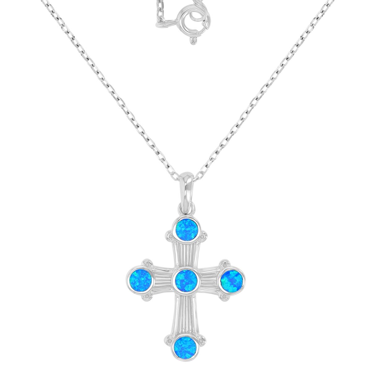 Sterling Silver Rhodium 21.5X34.5mm Created Blue Opal Cross 16+2" Necklace