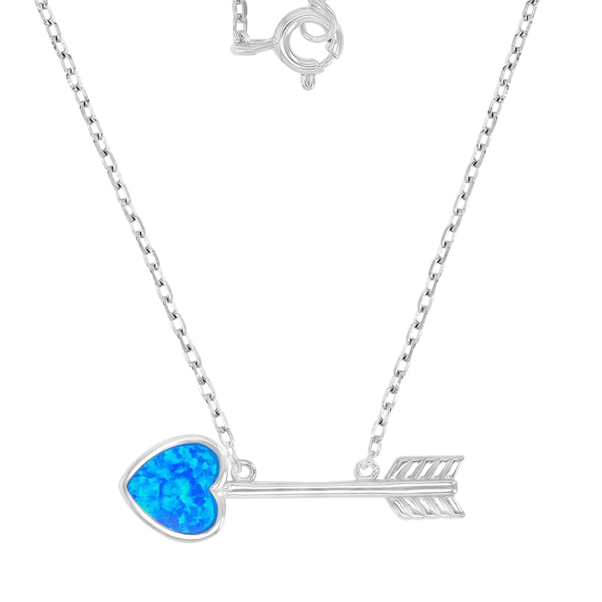 Sterling Silver Rhodium 9.5X30.5mm Created Blue Opal Heart Arrow 16+2" Necklace
