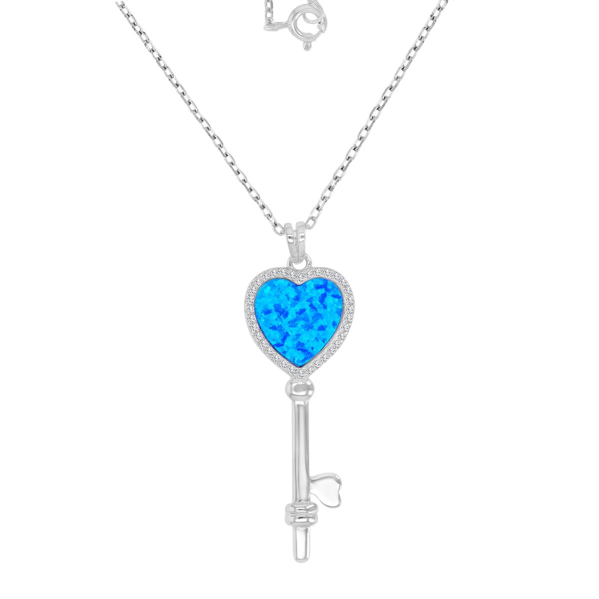Sterling Silver Rhodium 15X46.5mm Created Blue Opal Heart Key 16+2" Necklace