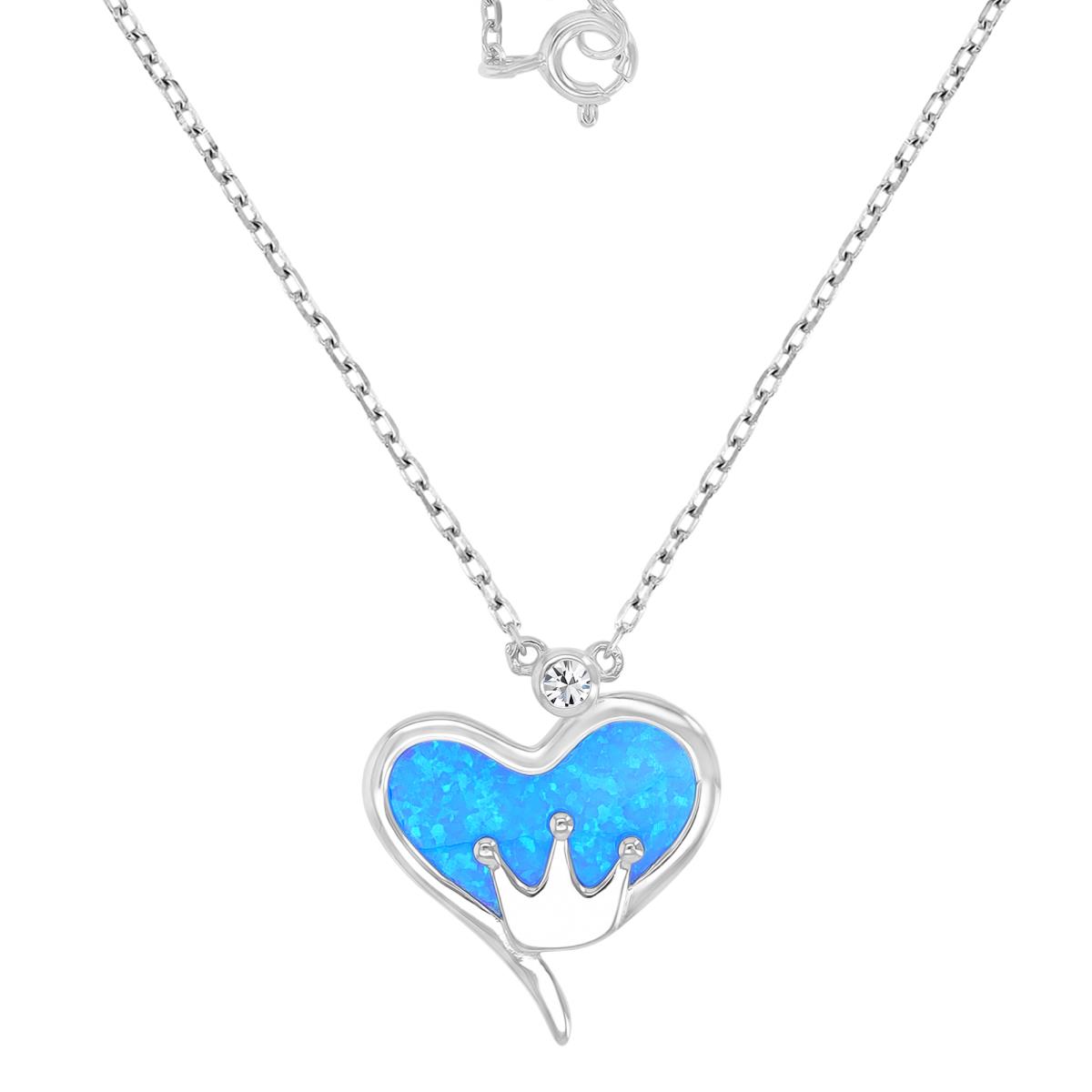 Sterling Silver Rhodium 18.5X21mm Created Blue Opal Heart Crown 16+2" Necklace