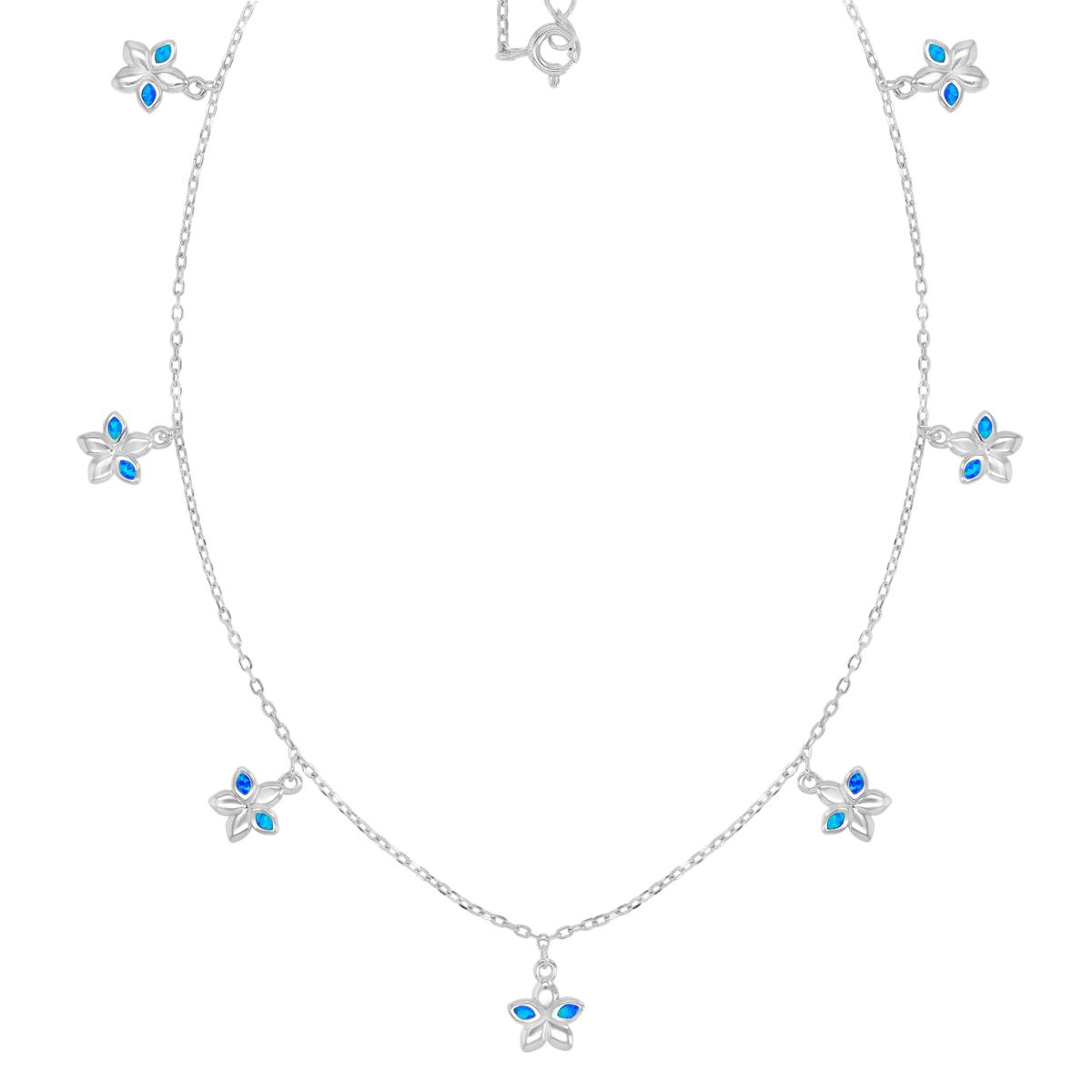 Sterling Silver Rhodium 8X9.5mm Created Blue Opal Flower Stations 16+2" Necklace
