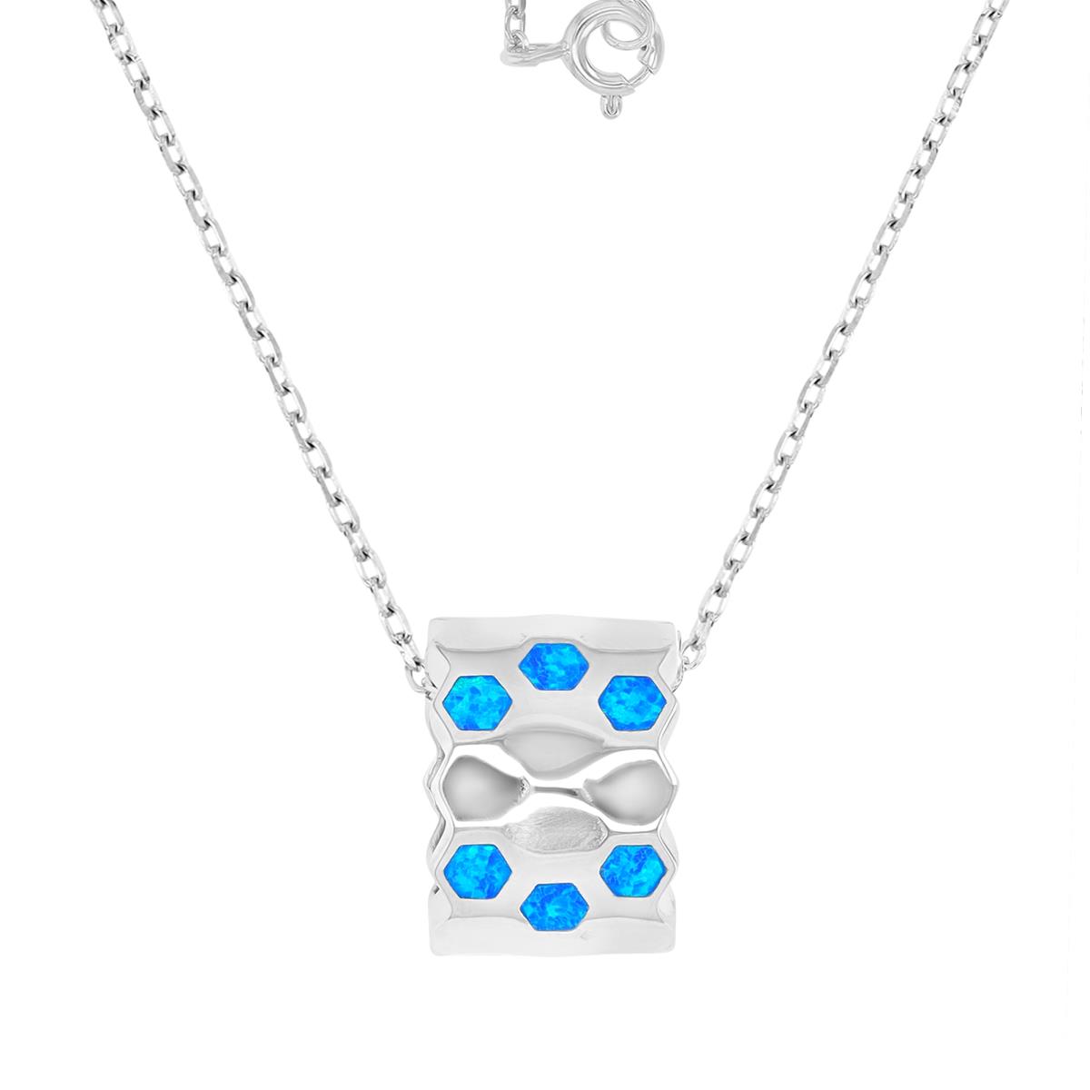 Sterling Silver Rhodium 12x16.5mm Created Blue Opal Honeycomb 16+2" Necklace