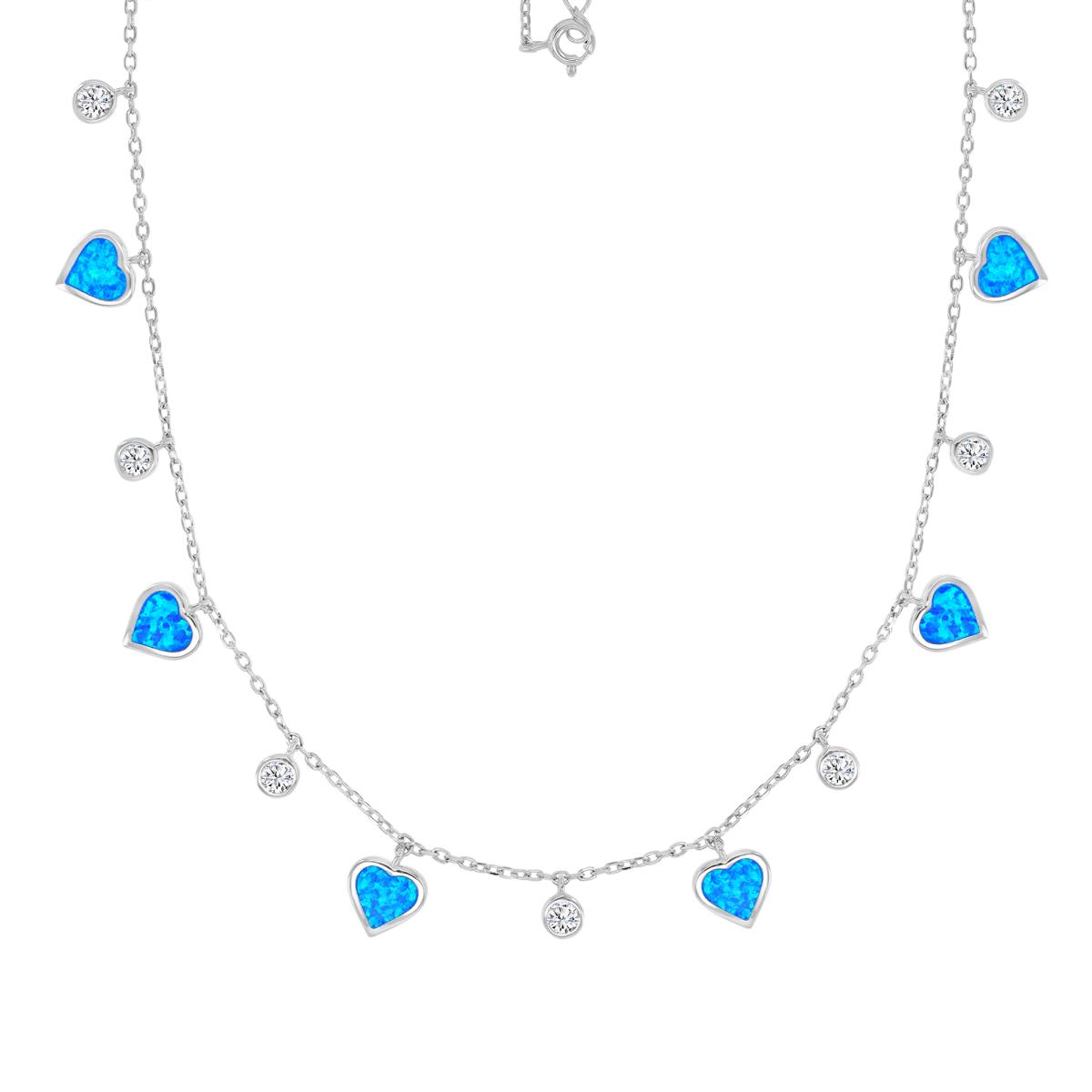 Sterling Silver Rhodium 4x6mm & 7.5x9mm Created Blue Opal & White CZ Heart Stations 15+2" Necklace