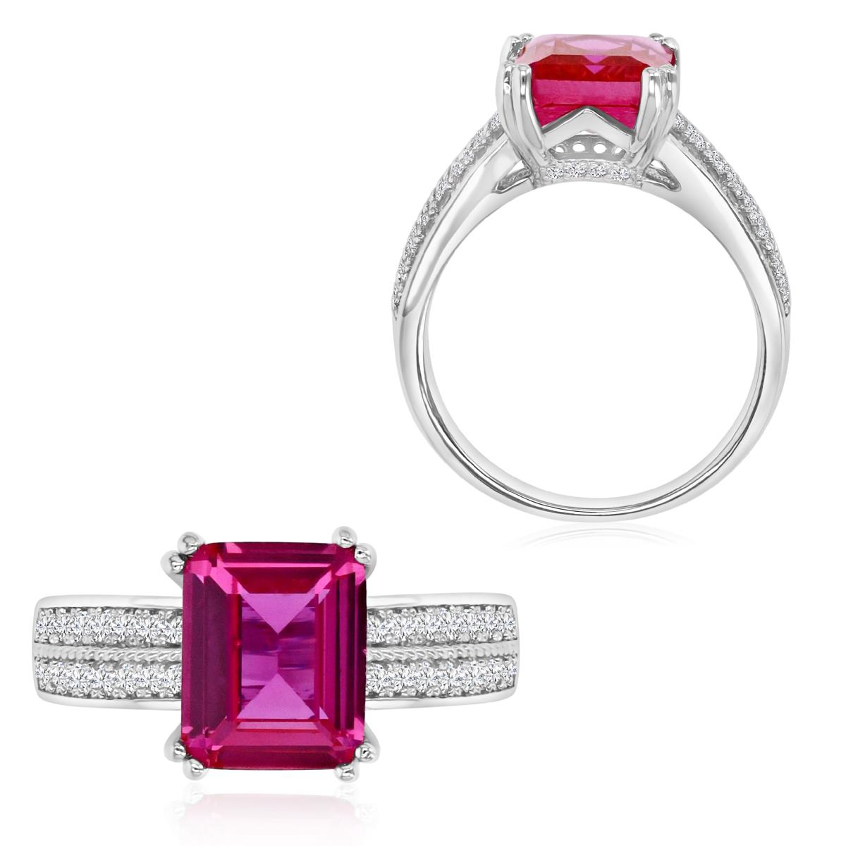 Sterling Silver Rhodium 10.5X9MM Polished Cr Pink & Cr White Sapphire Emerald Cut Engagement Ring