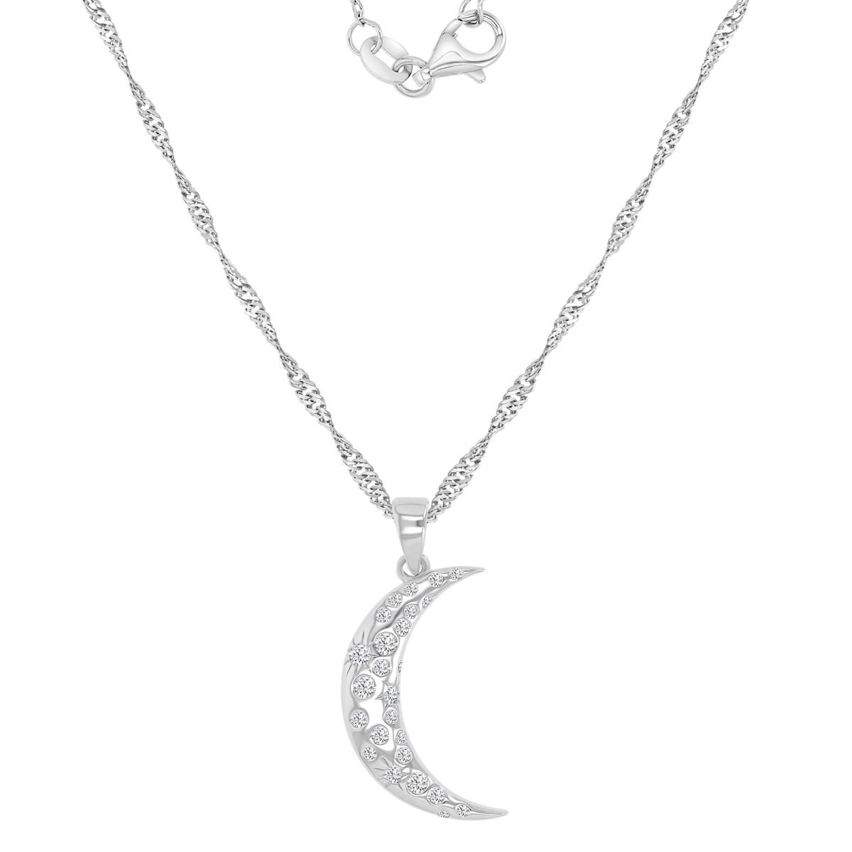 Sterling Silver Rhodium 28X12.6MM Polished White CZ Dangling Crescent Moon 18+2" Singapore Necklace
