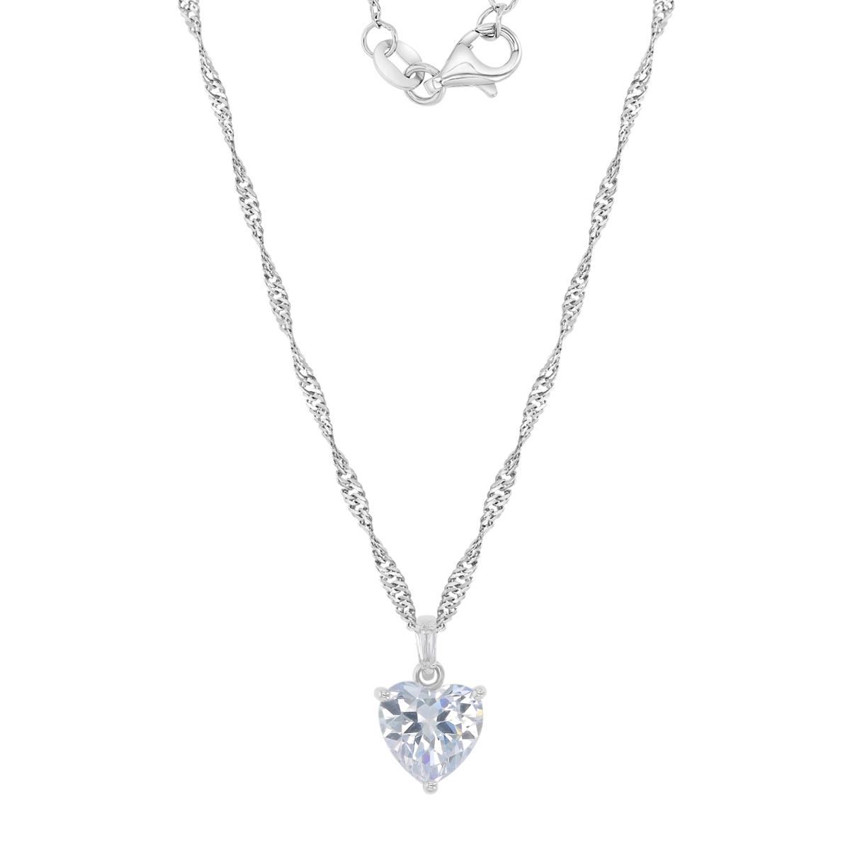 Sterling Silver Rhodium 8mm Heart Shape White CZ Dangling 18+2" Singapore Necklace