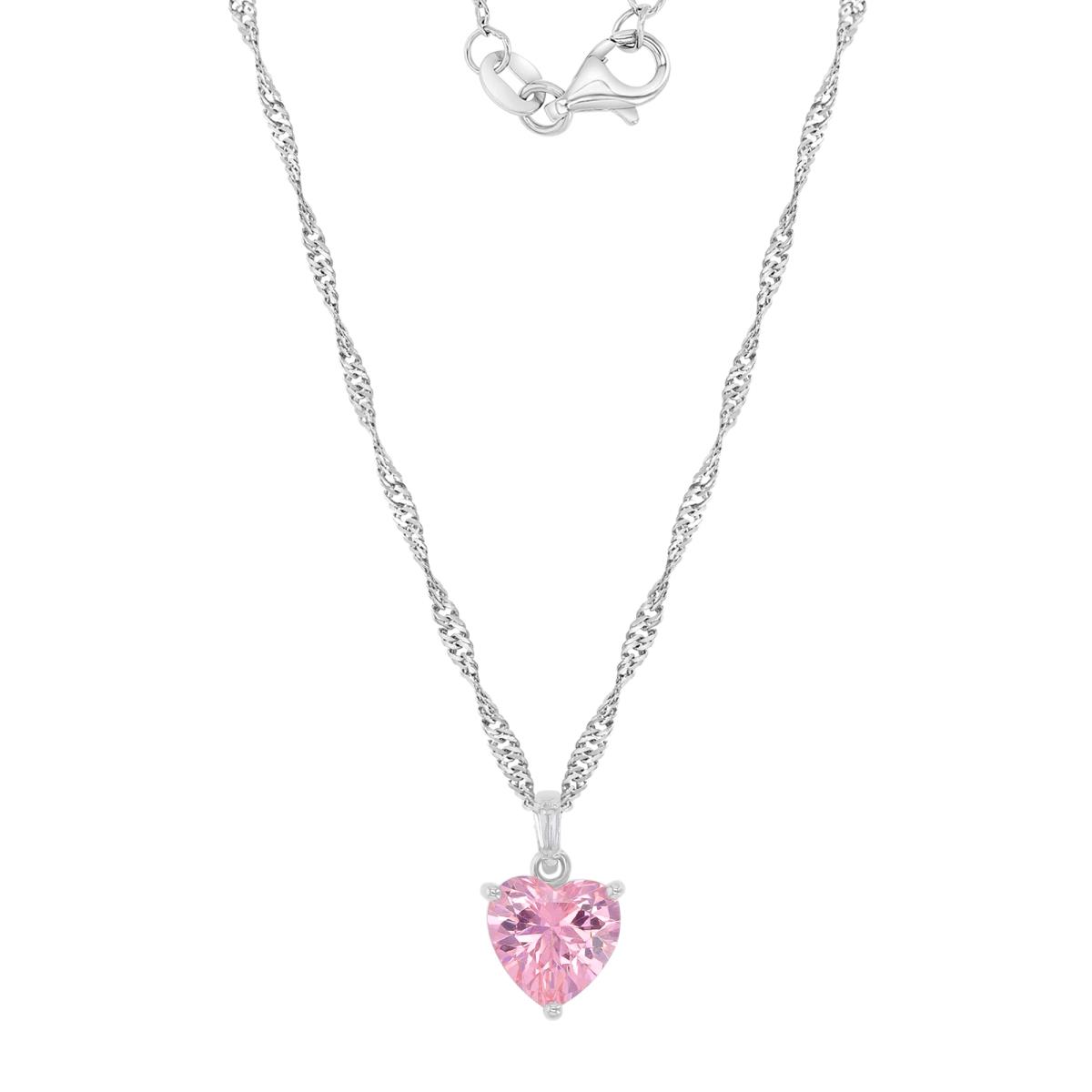 Sterling Silver Rhodium 8mm Heart Shape Pink CZ Dangling Singapore Chain 18+2" Necklace