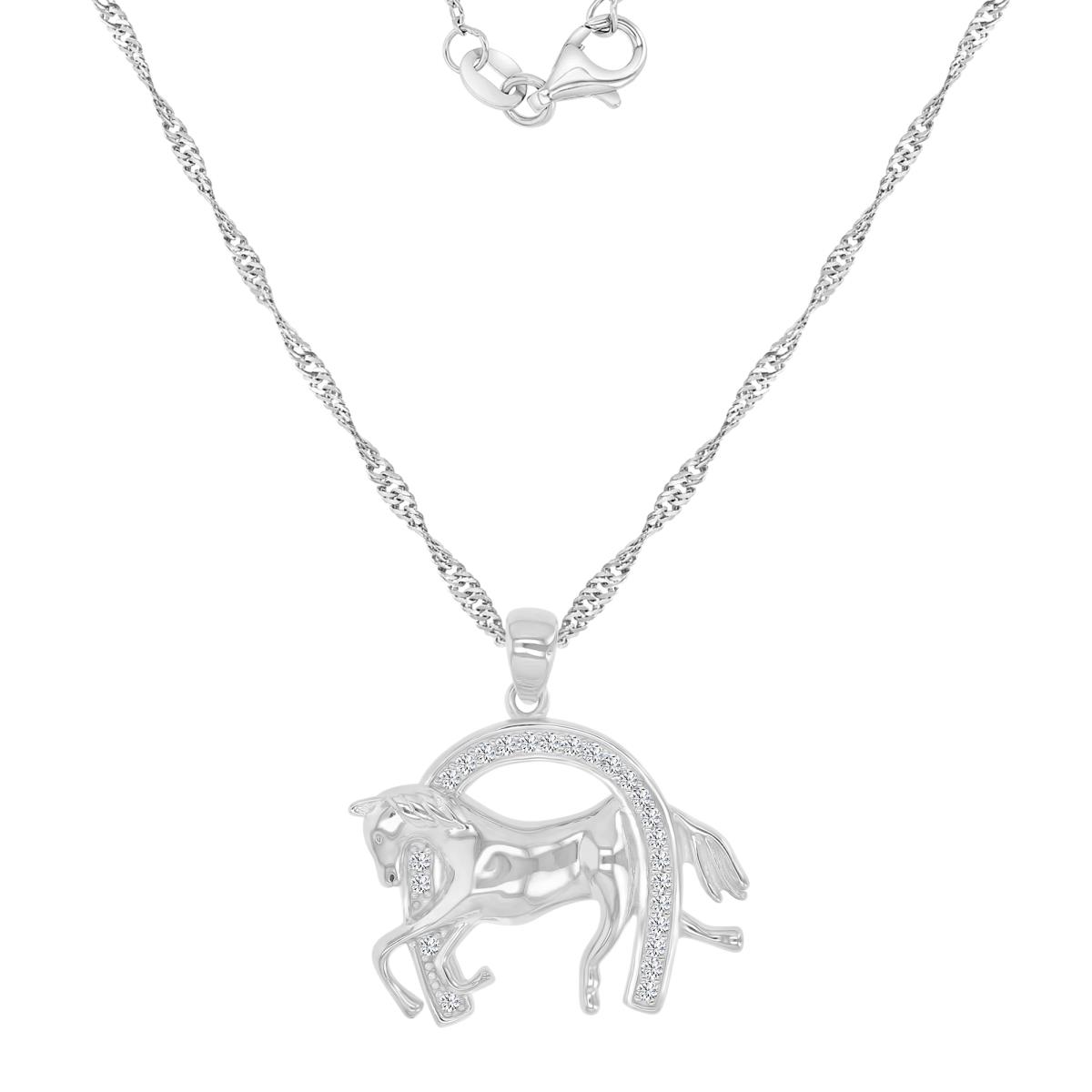 Sterling Silver Rhodium 23X19MM Polished White CZ Horse Shoe Singapore Chain 18+2" Necklace