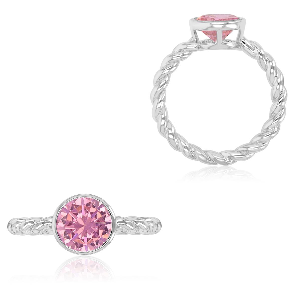 Sterling Silver Rhodium 9mm Round Pink CZ Bezel Twisted Ring