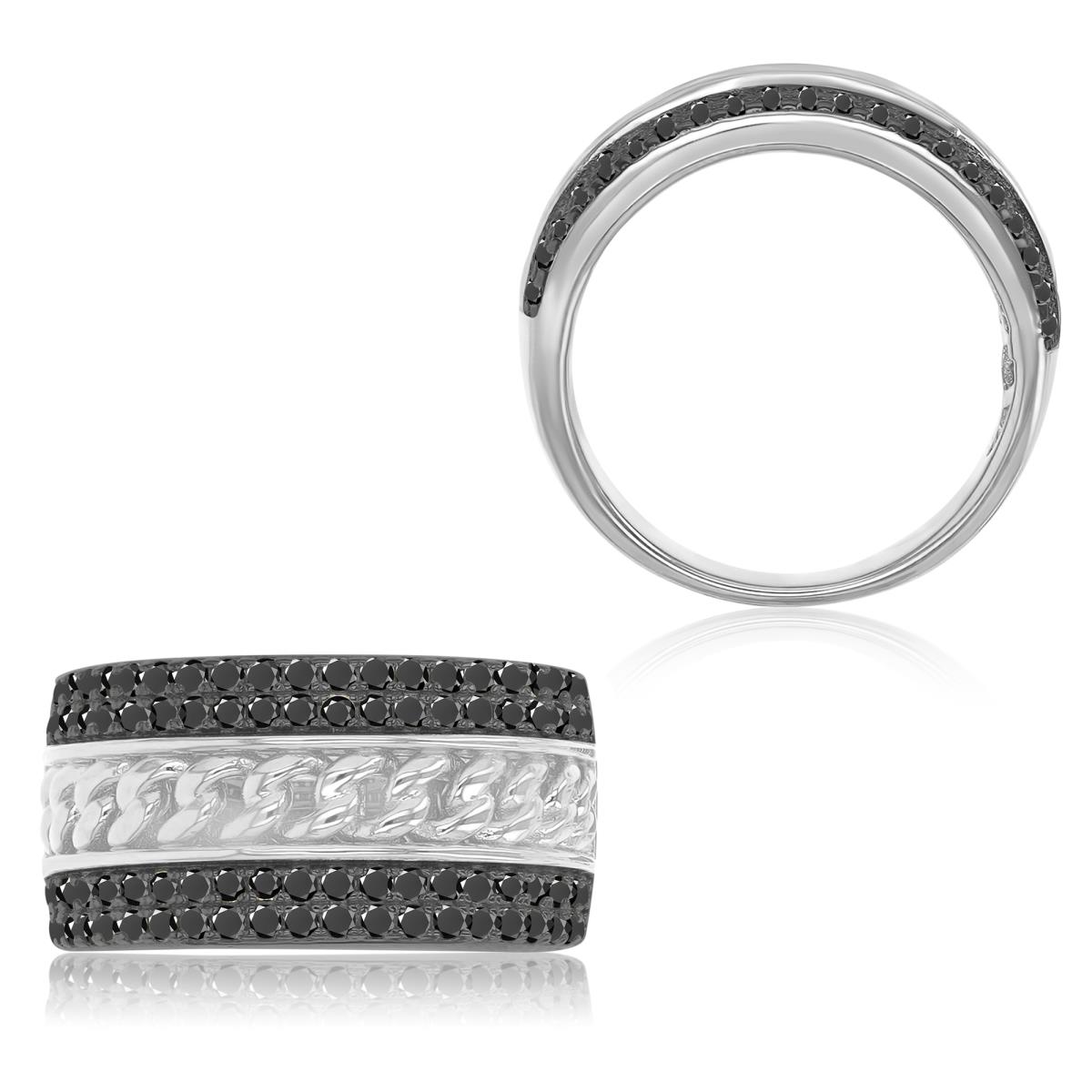 Sterling Silver Black & White 11.4mm Black Spinel Triple Row Band Ring