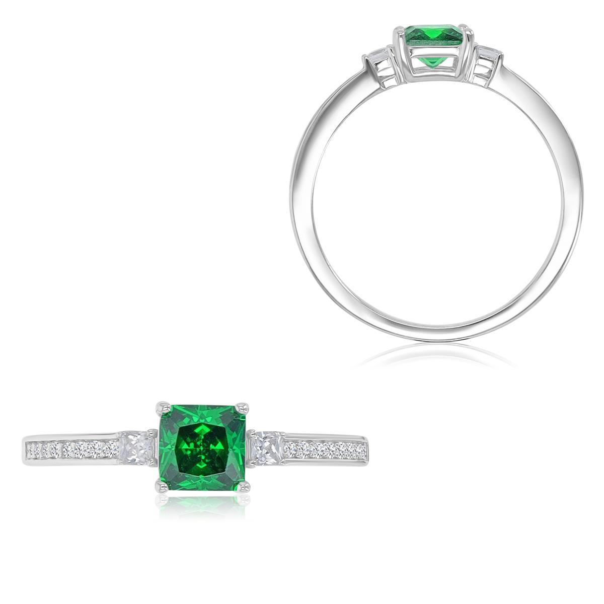 Sterling Silver Rhodium 5.5mm Princess Cut Green & White CZ 3 Stone Fashion Ring