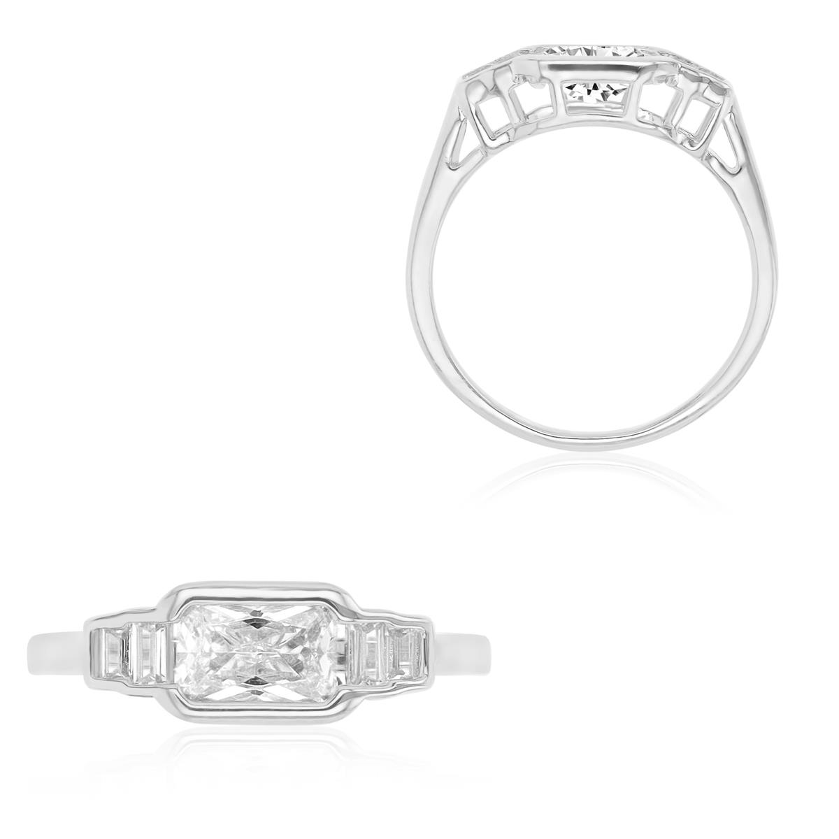 Sterling Silver Rhodium 6.5mm Emerald & Baguette Cut White CZ 5 Stone Bezel Fashion Ring