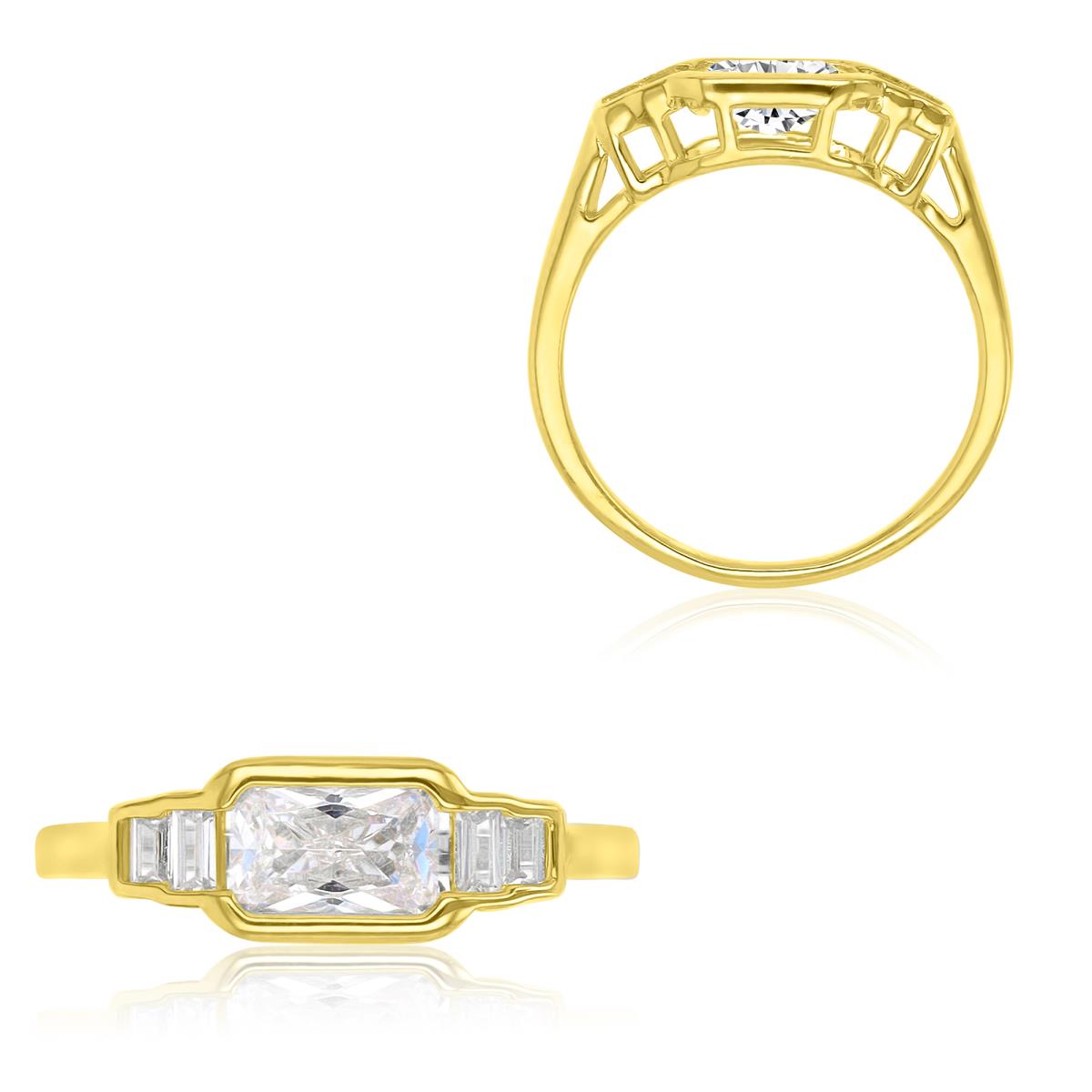 Sterling Silver Yellow 6.5mm Emerald & Baguette Cut White CZ 5 Stone Bezel Fashion Ring