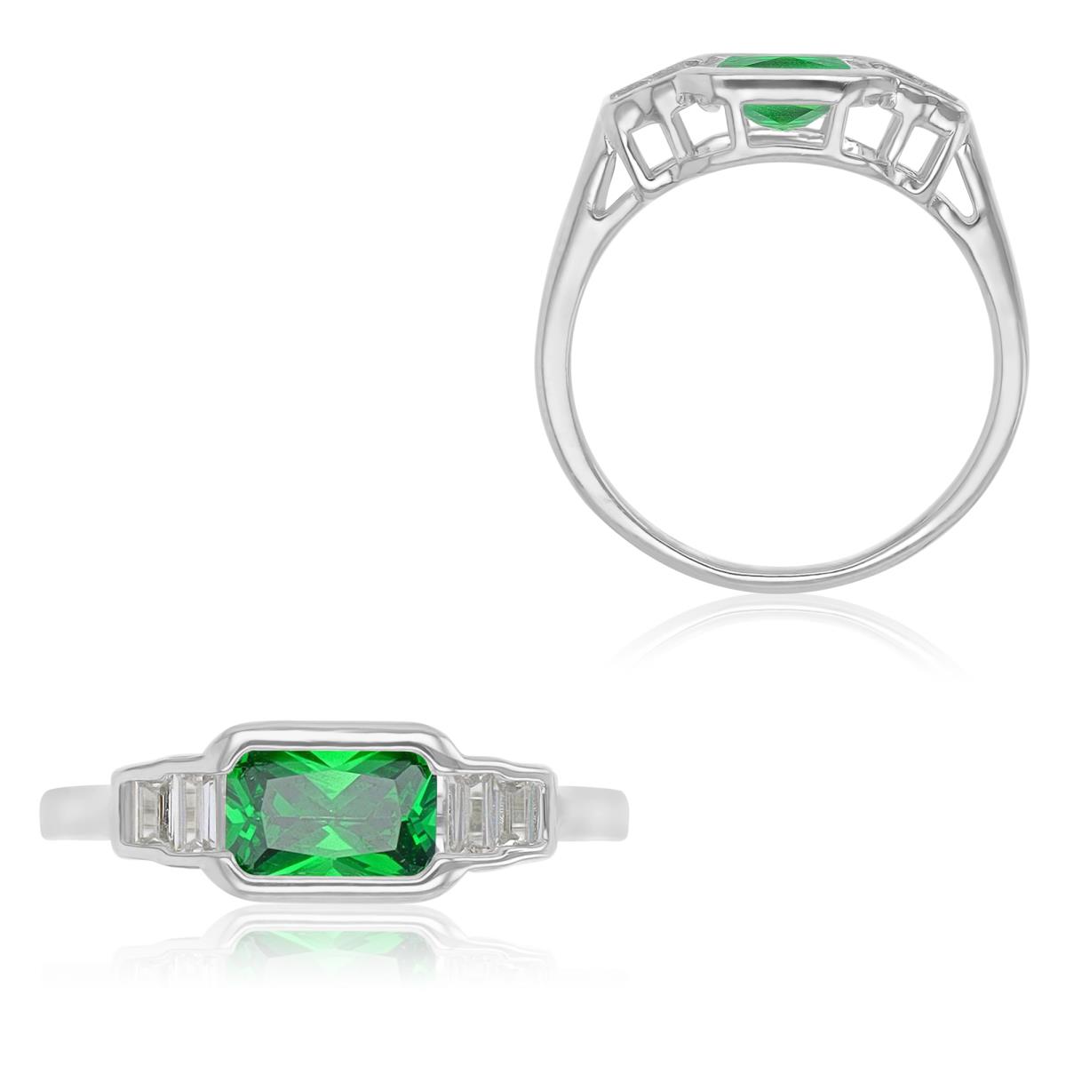 Sterling Silver Rhodium 6.5mm Emerald & Baguette Cut Green & White CZ 5 Stone Bezel Fashion Ring
