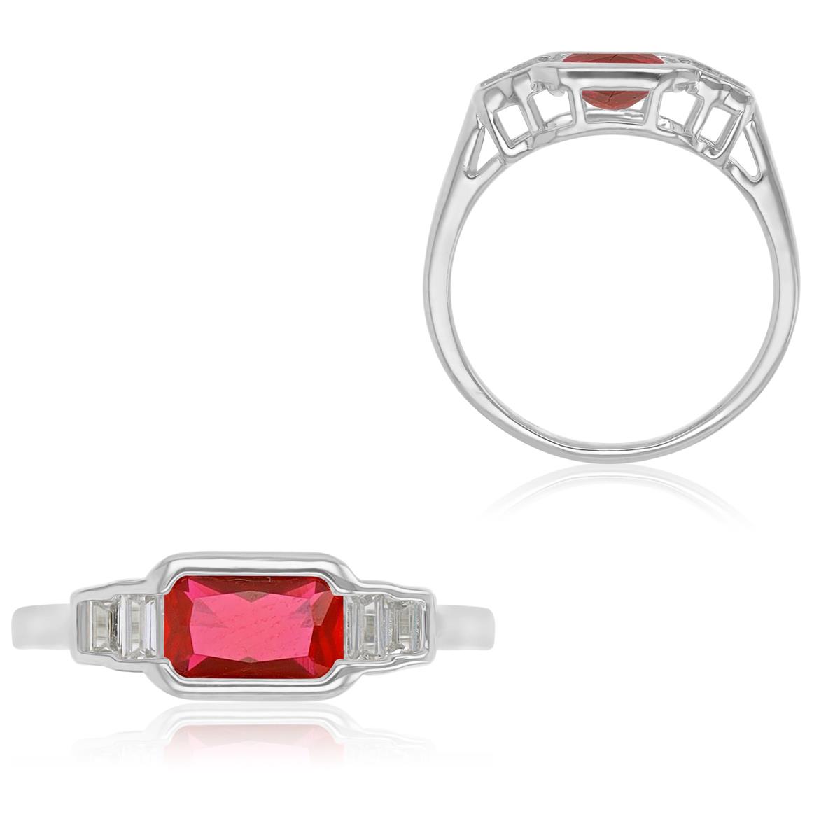 Sterling Silver Rhodium 6.5mm Emerald & Baguette Cut Created Ruby & Created White Sapphire 5 Stone Bezel Fashion Ring