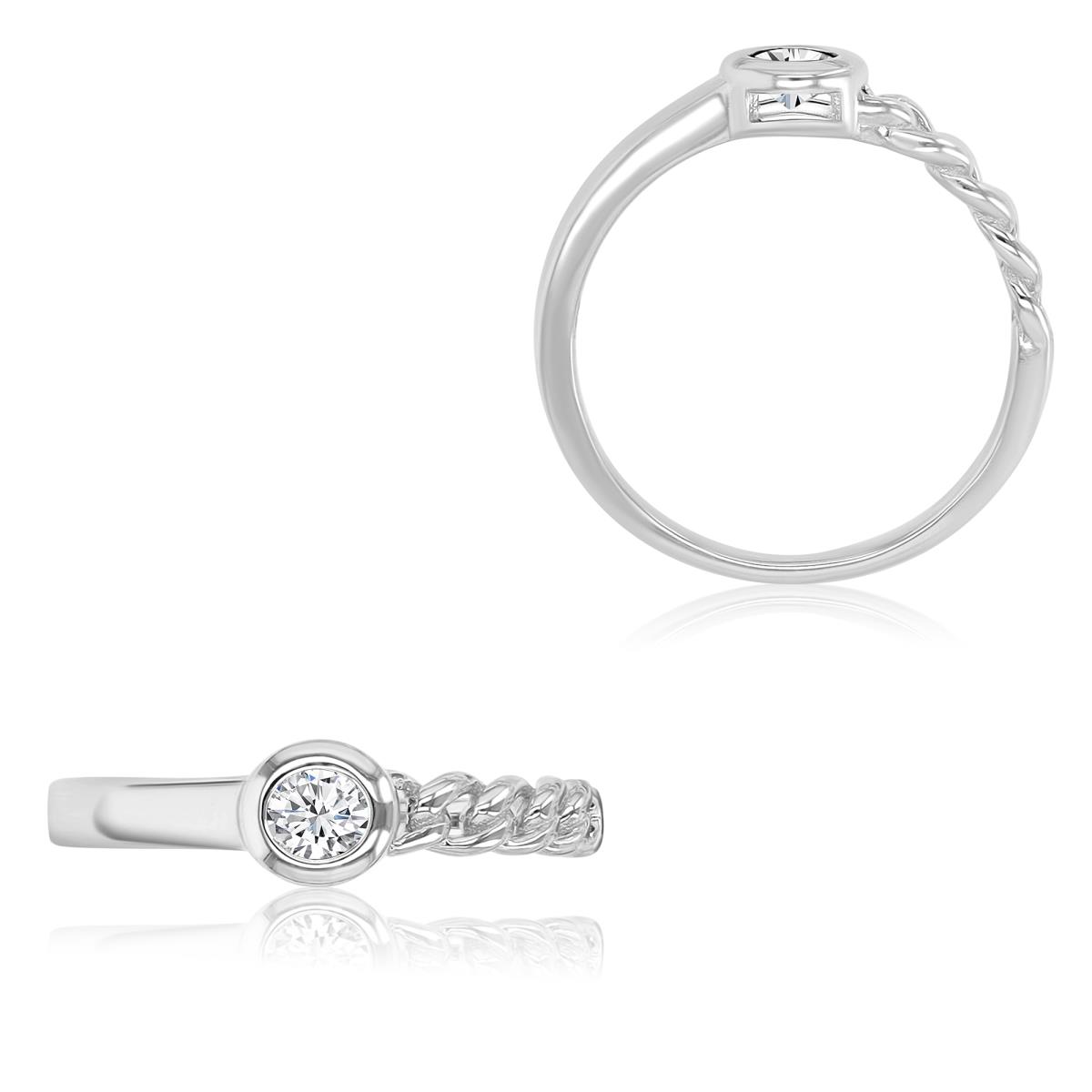 Sterling Silver Rhodium 5.3mm Round Created White Sapphire Bezel Chain Ring