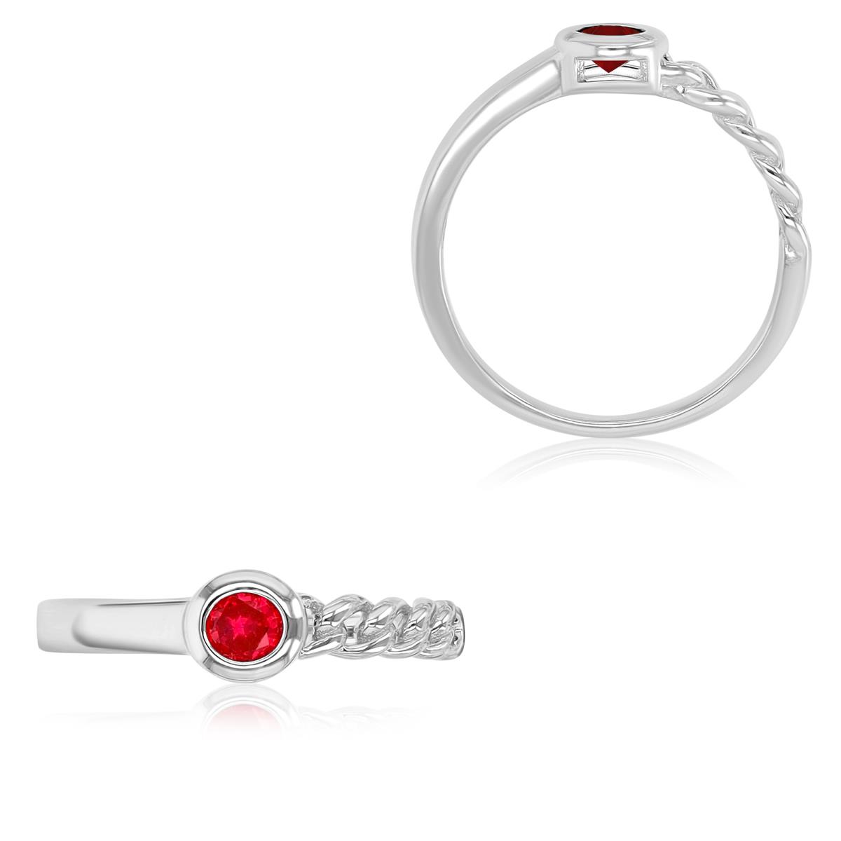 Sterling Silver Rhodium 5.3mm Round Created Ruby Bezel Chain Ring