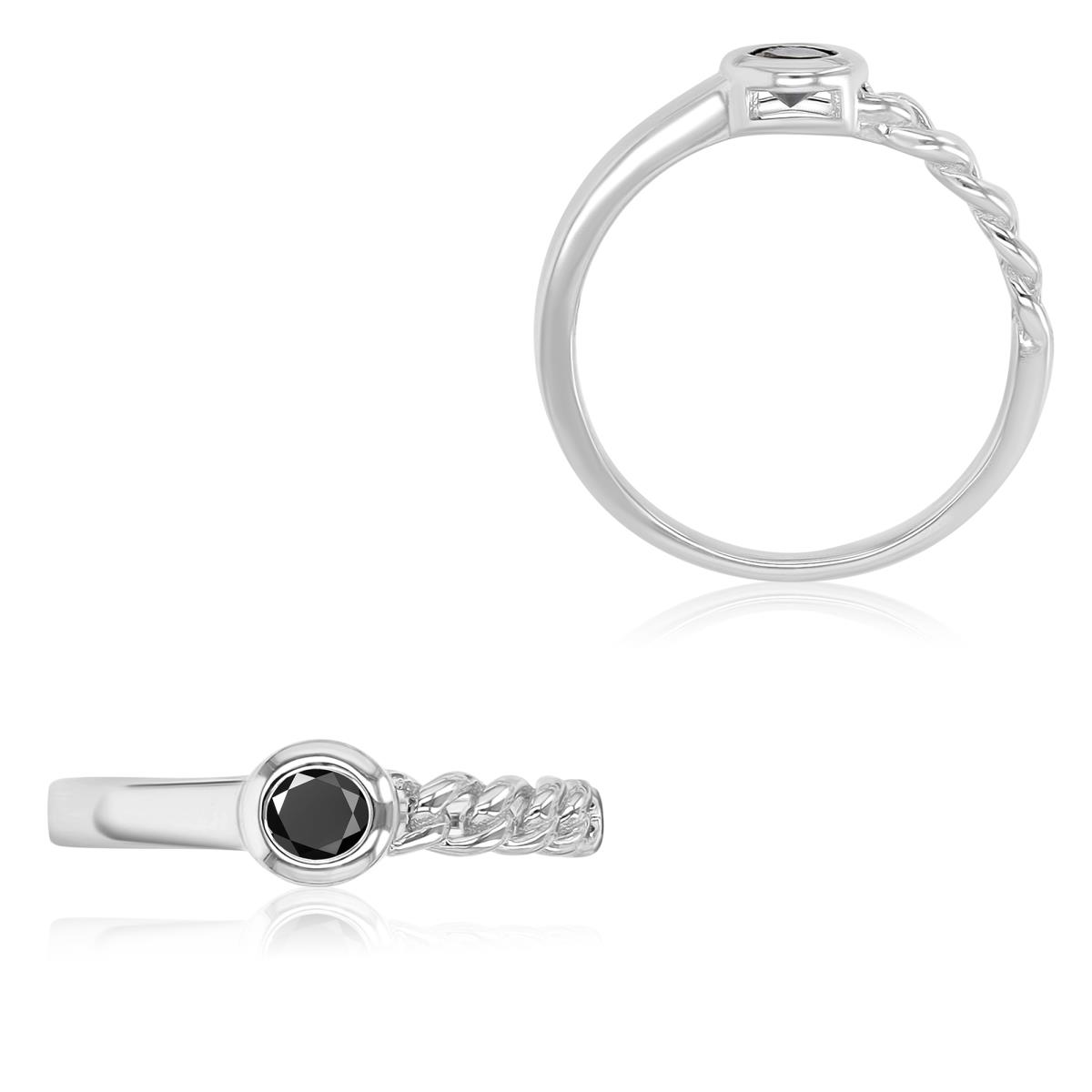 Sterling Silver Rhodium 5.3mm Round Black Spinel Bezel Chain Ring