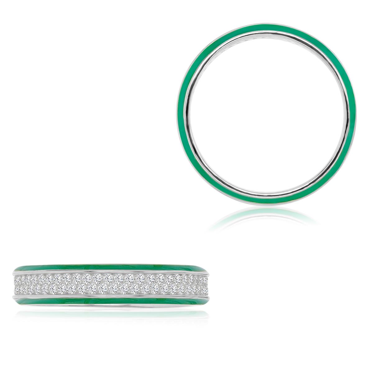 Sterling Silver Rhodium 4mm Green Enamel & White CZ Pave Eternity Ring