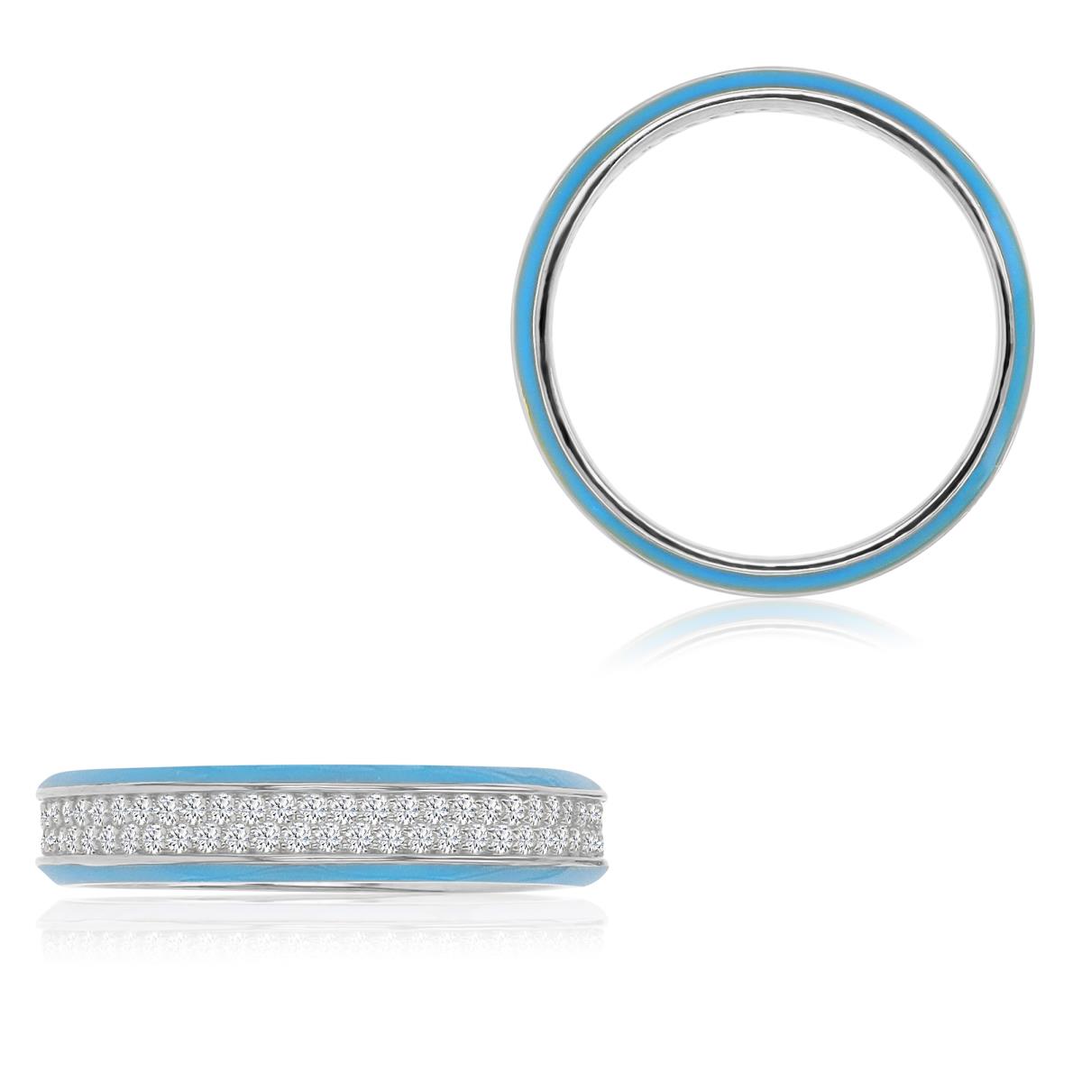 Sterling Silver Rhodium 4mm Light Blue Enamel & White CZ Pave Eternity Ring
