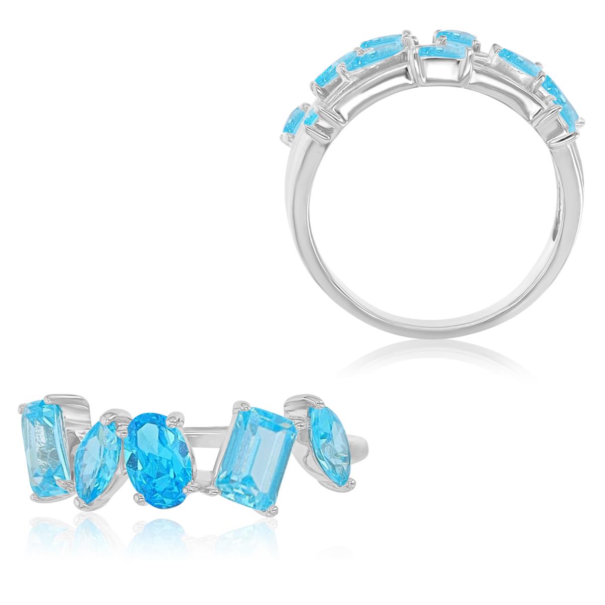 Sterling Silver Rhodium 7.5mm Multi Shaped Light Blue & Medium Blue & Dark Blue CZ 5 Stone Fashion Ring