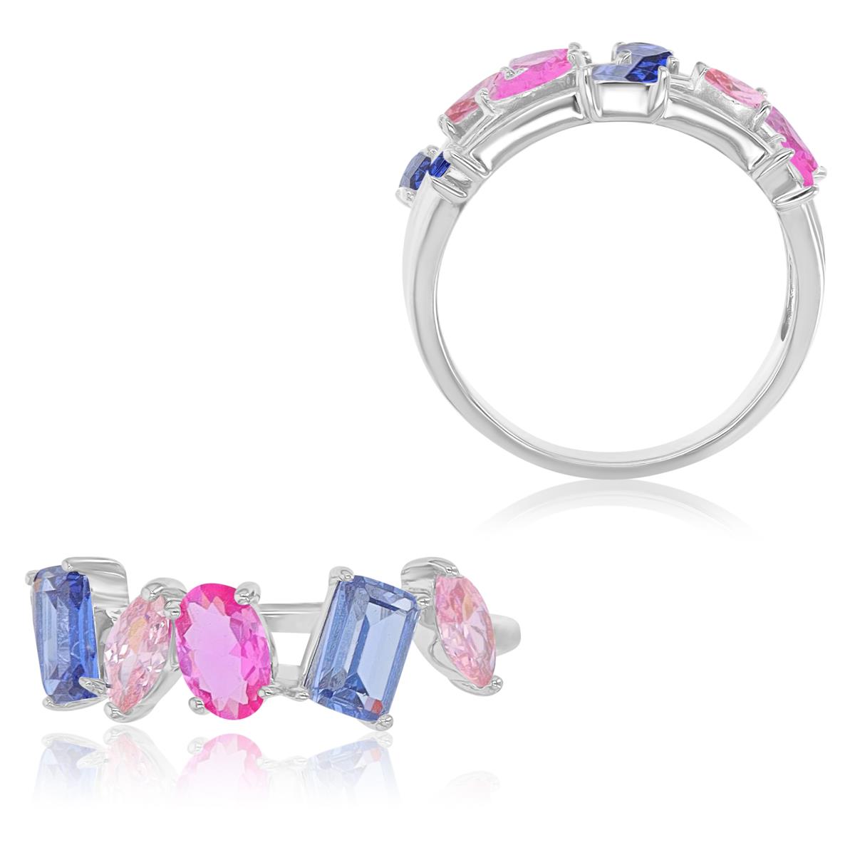 Sterling Silver Rhodium 7.5mm Multi Shaped Tanzanite & Pink CZ & Created Pink Sapphire CZ 5 Stone Fashion Ring