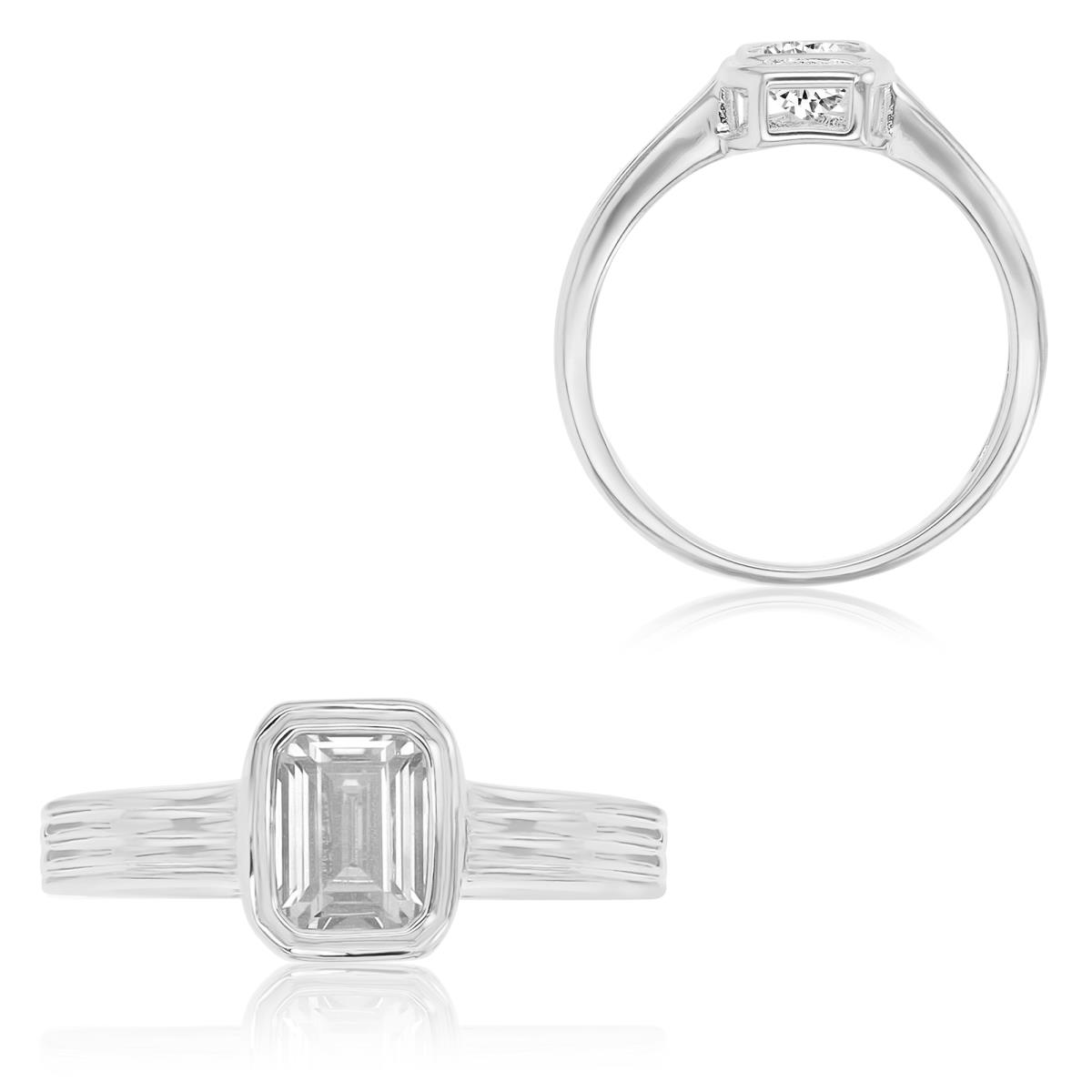 Sterling Silver Rhodium 7.2X8.4mm Emerald Cut White CZ Bezel Fashion Ring