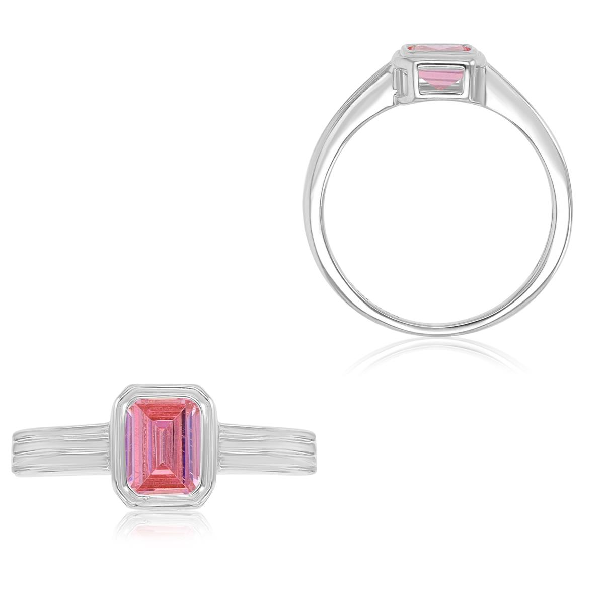 Sterling Silver Rhodium 7.2X8.4mm Emerald Cut Pink CZ Bezel Fashion Ring