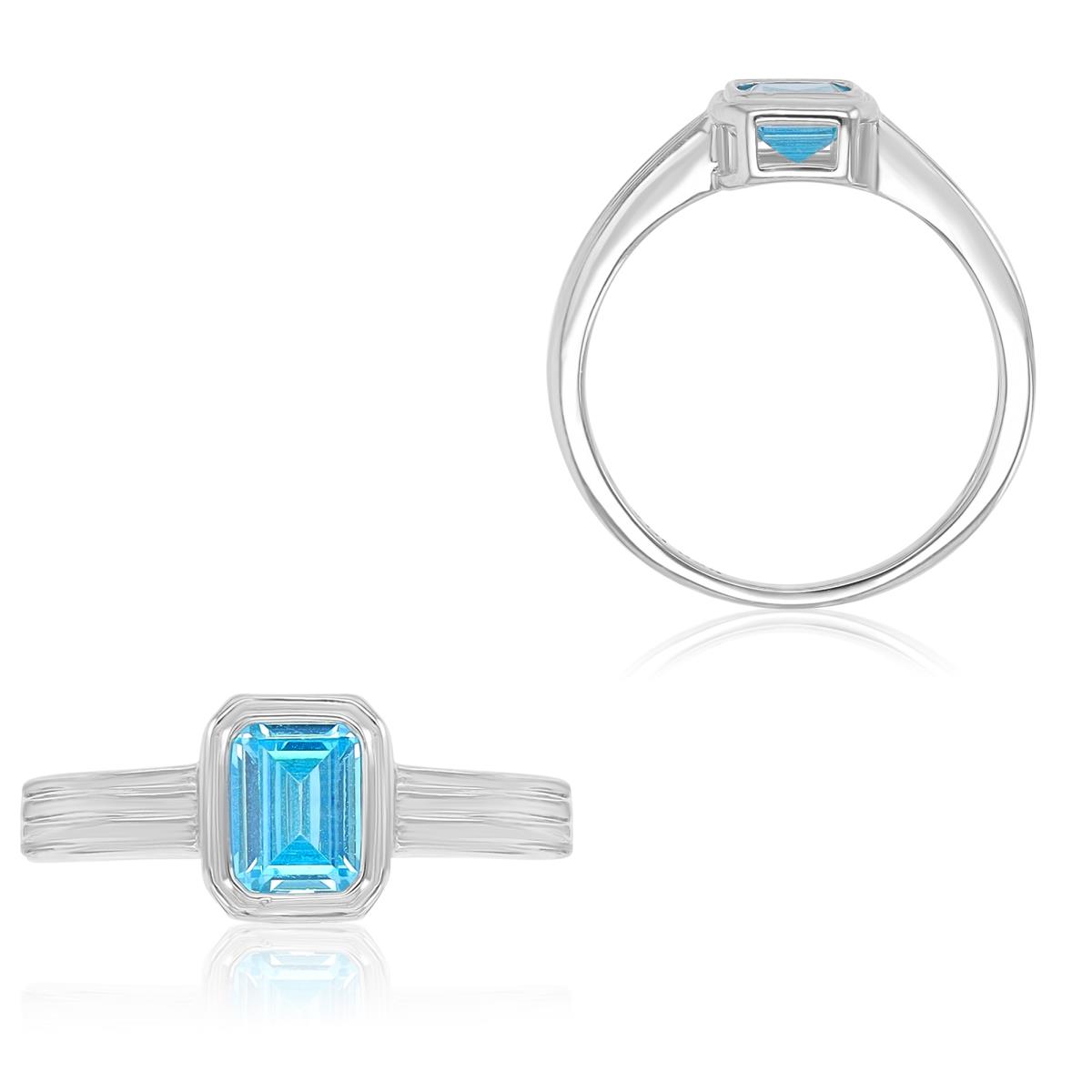 Sterling Silver Rhodium 7.2X8.4mm Emerald Cut Light Blue CZ Bezel Fashion Ring
