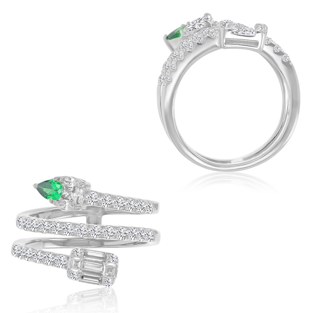 Sterling Silver Rhodium 13.5mm Multi Shaped Green & White CZ 3 Row Fashion Ring