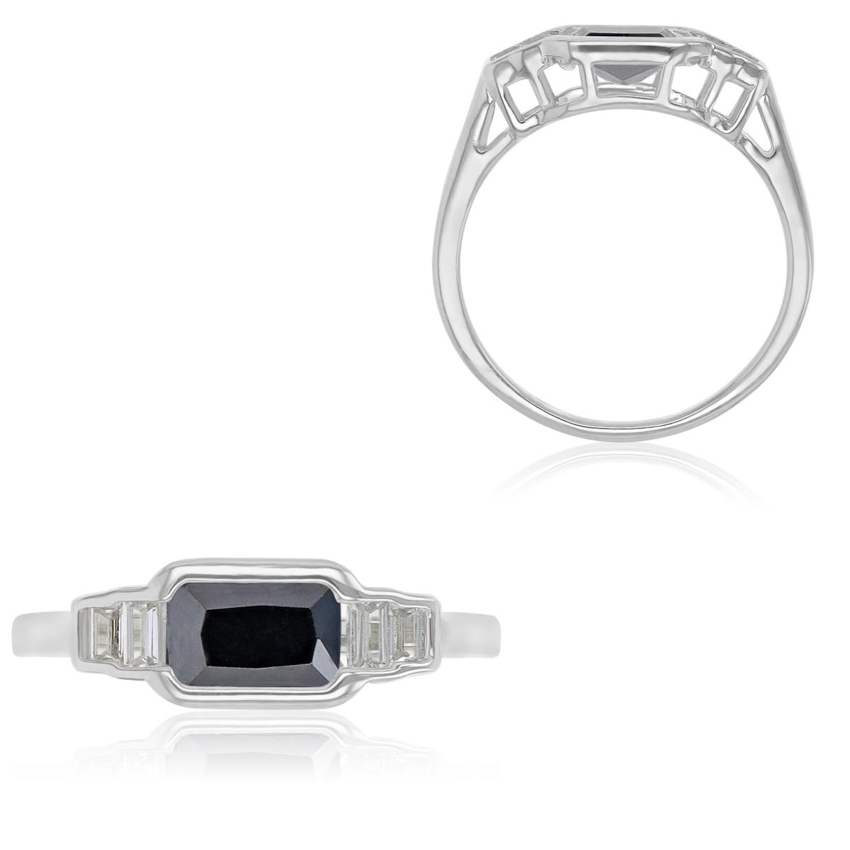 Sterling Silver Rhodium 6.5mm Emerald & Baguette Cut Black Spinel & Created White Sapphire 5 Stone Bezel Fashion Ring