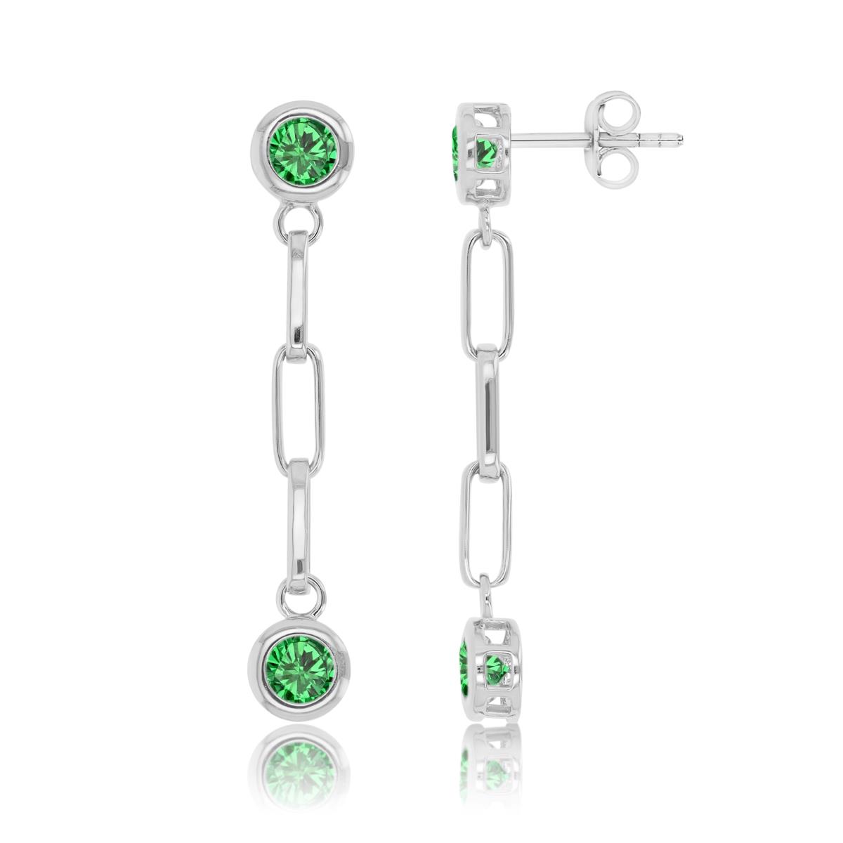 Sterling Silver Rhodium 7x40mm Green CZ Chain Dangling Earrings