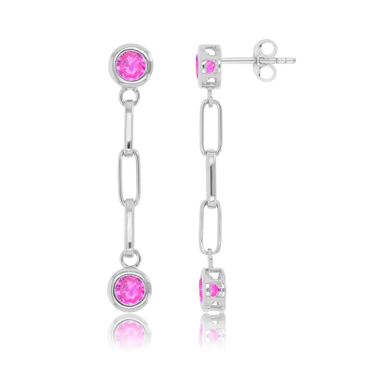 Sterling Silver Rhodium 7x40mm Created Pink Sapphire Chain Dangling Earrings